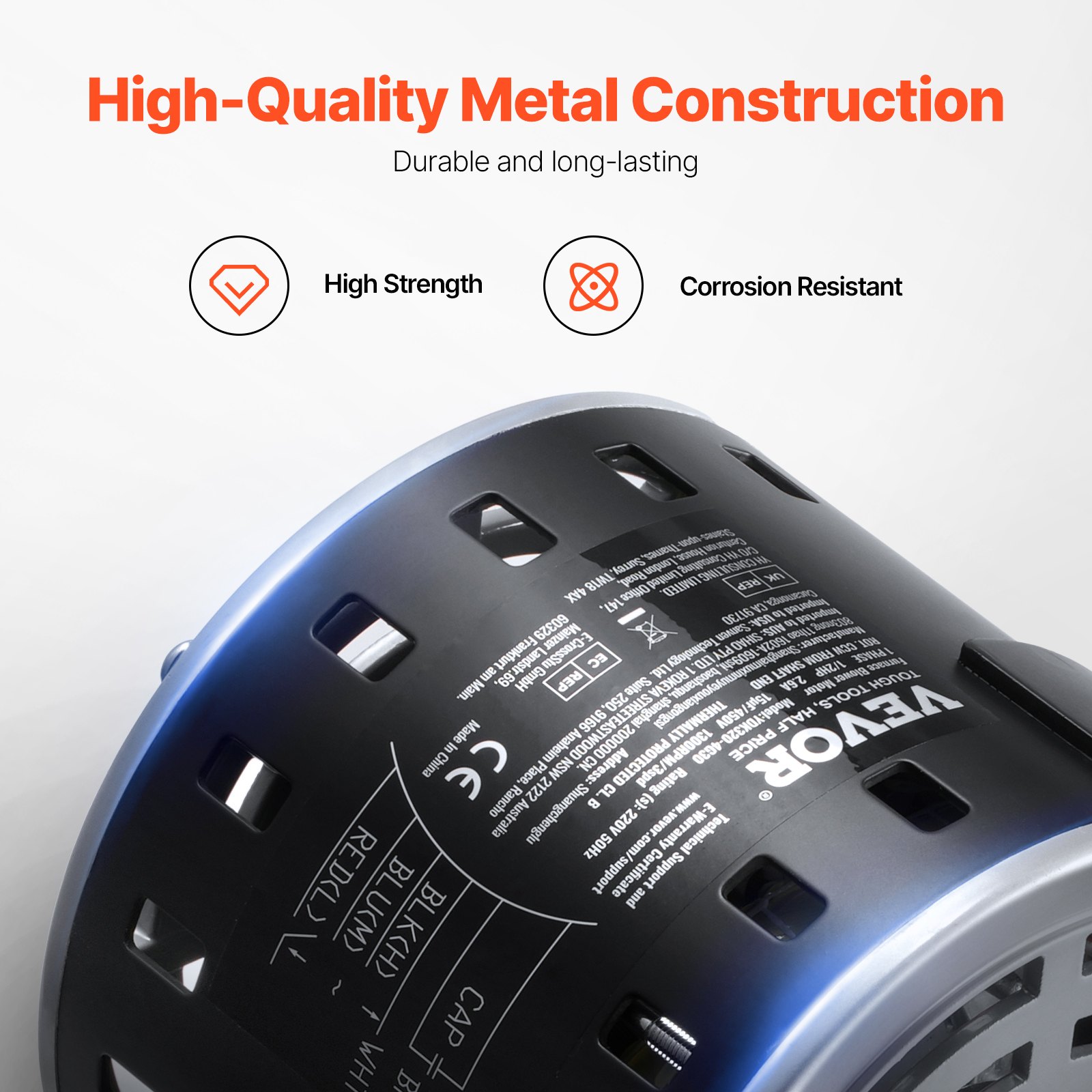 VEVOR 1/2 HP ventilatormotor, 220 V, 2,6 Ampère, 1300 tpm, 3 snelheden (1300/1100/800 tpm), asdiameter 10 mm, aslengte 20 mm, rood. Linksom draaiend vanaf het uiteinde van de as, incl. CBB60 15 μF/450 V condensator