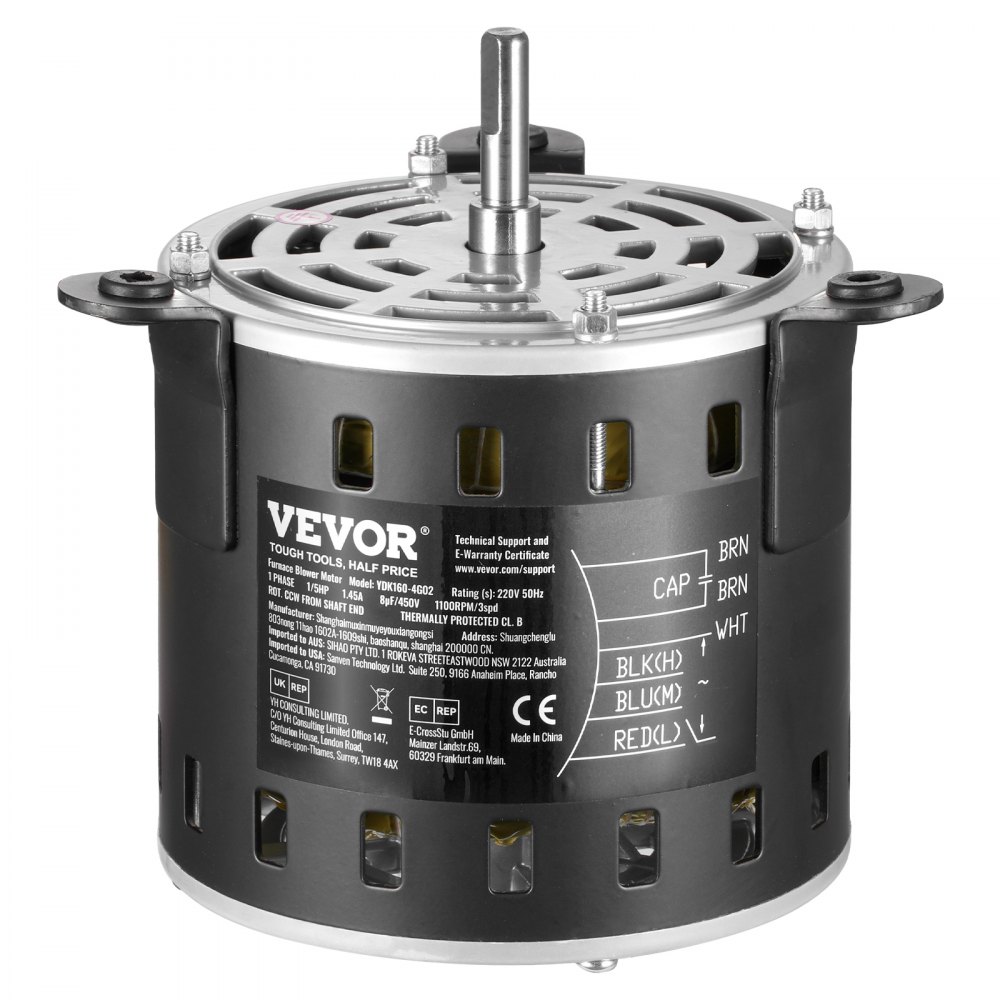 VEVOR 1/5HP Furnace Blower Motor, 220V 1.45Amps, 1100RPM 3-Speed, 10mm Shaft Diameter, 20mm Shaft Length, ROT. CCW from Shaft End, Includes CBB60 8μF/450V Capacitor