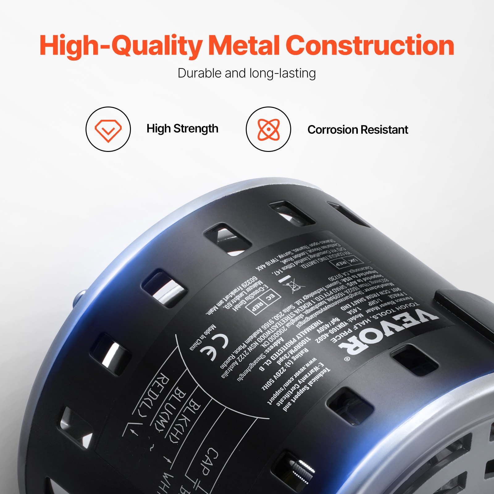 VEVOR 1/5HP Furnace Blower Motor, 220V 1.45Amps, 1100RPM 3-Speed, 10mm Shaft Diameter, 20mm Shaft Length, ROT. CCW from Shaft End, Includes CBB60 8μF/450V Capacitor