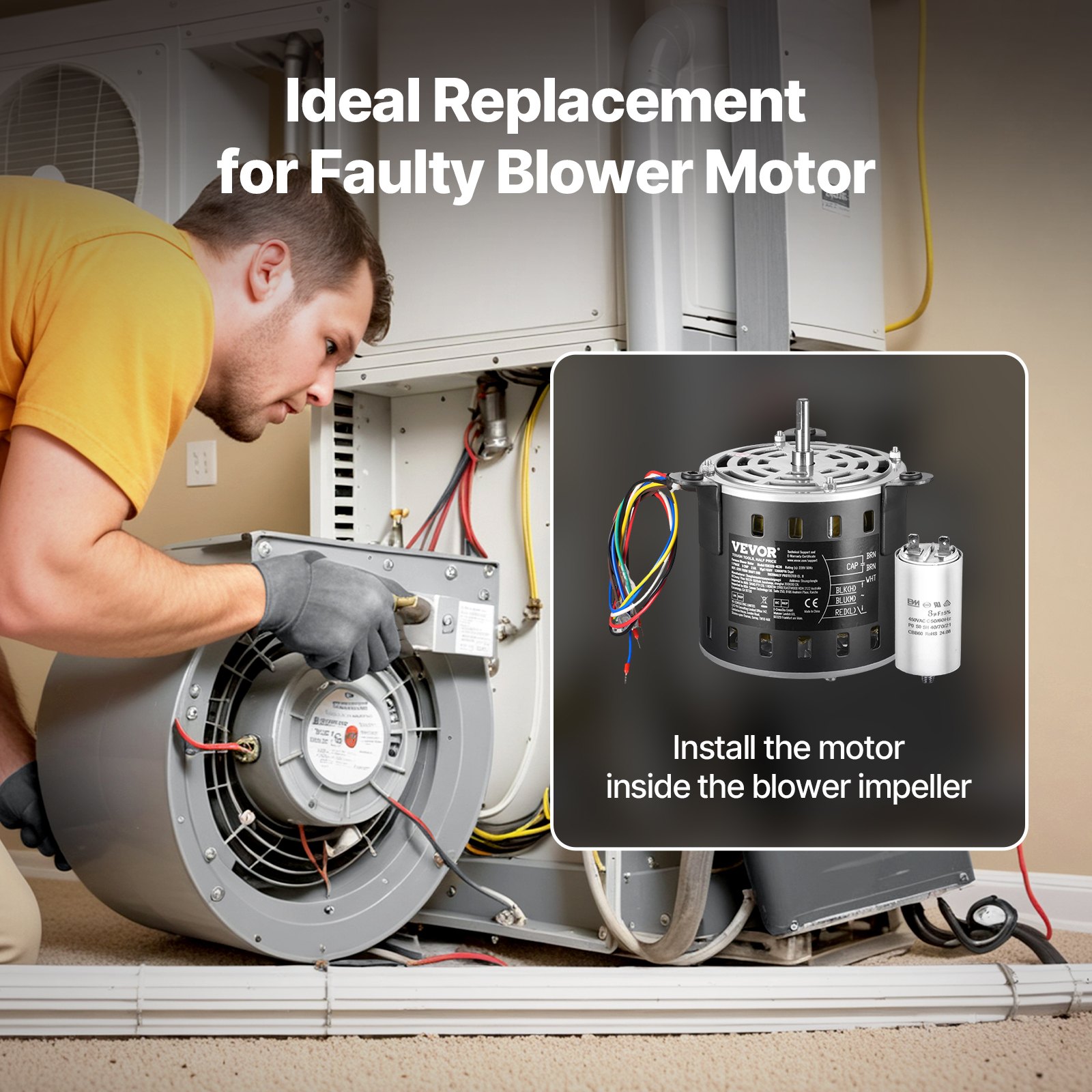 VEVOR 1/5HP Furnace Blower Motor, 220V 1.45Amps, 1100RPM 3-Speed, 10mm Shaft Diameter, 20mm Shaft Length, ROT. CCW from Shaft End, Includes CBB60 8μF/450V Capacitor