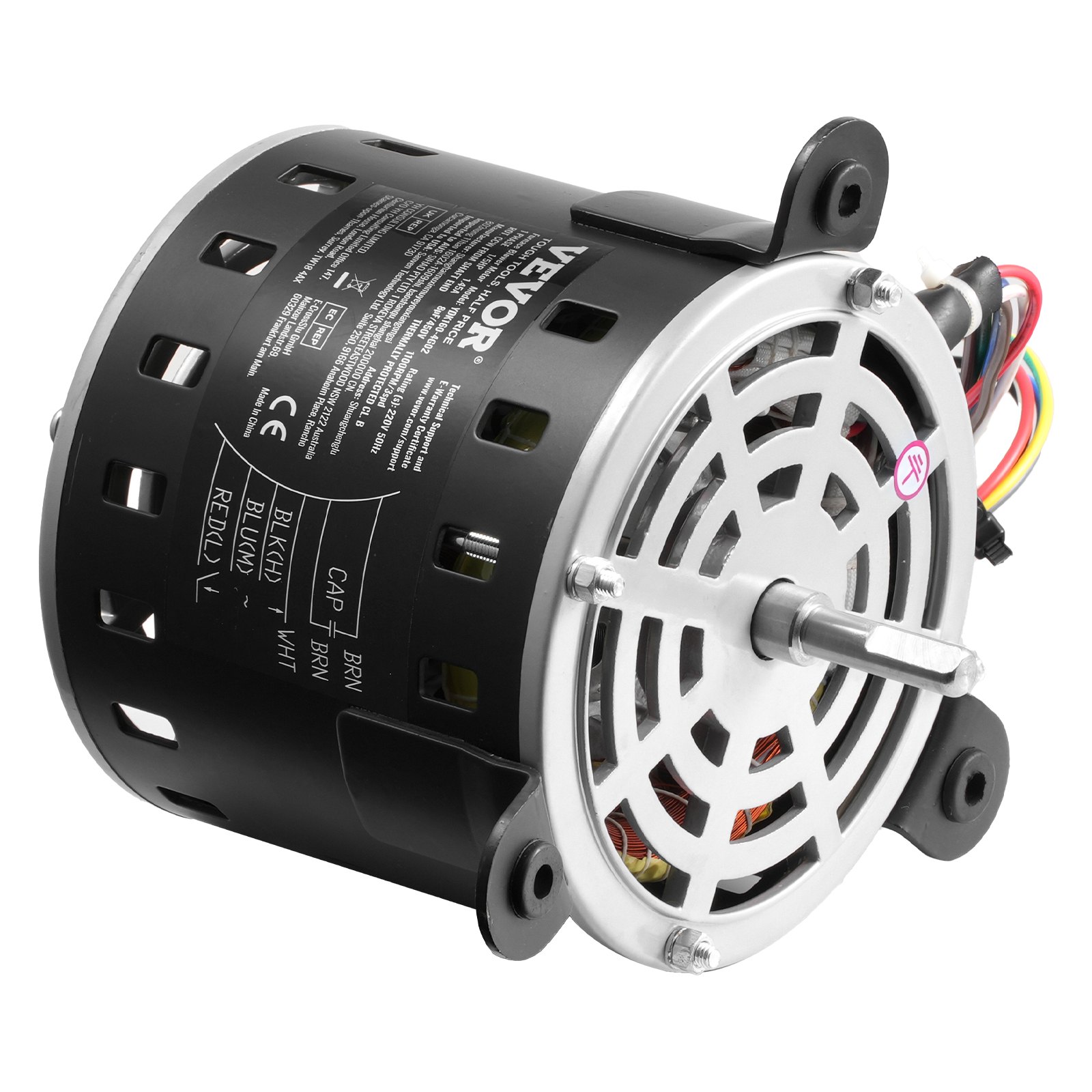 VEVOR 1/5HP Furnace Blower Motor, 220V 1.45Amps, 1100RPM 3-Speed, 10mm Shaft Diameter, 20mm Shaft Length, ROT. CCW from Shaft End, Includes CBB60 8μF/450V Capacitor