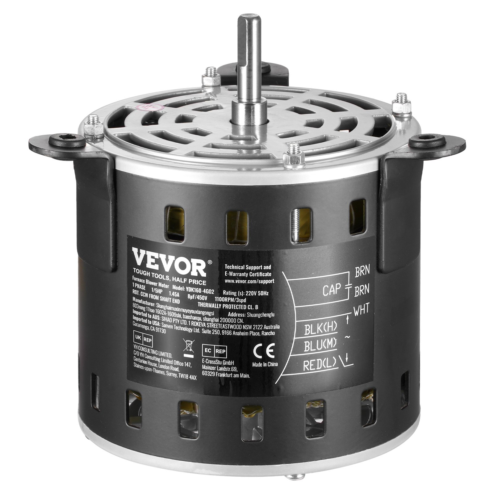 VEVOR 1/5HP Furnace Blower Motor, 220V 1.45Amps, 1100RPM 3-Speed, 10mm Shaft Diameter, 20mm Shaft Length, ROT. CCW from Shaft End, Includes CBB60 8μF/450V Capacitor