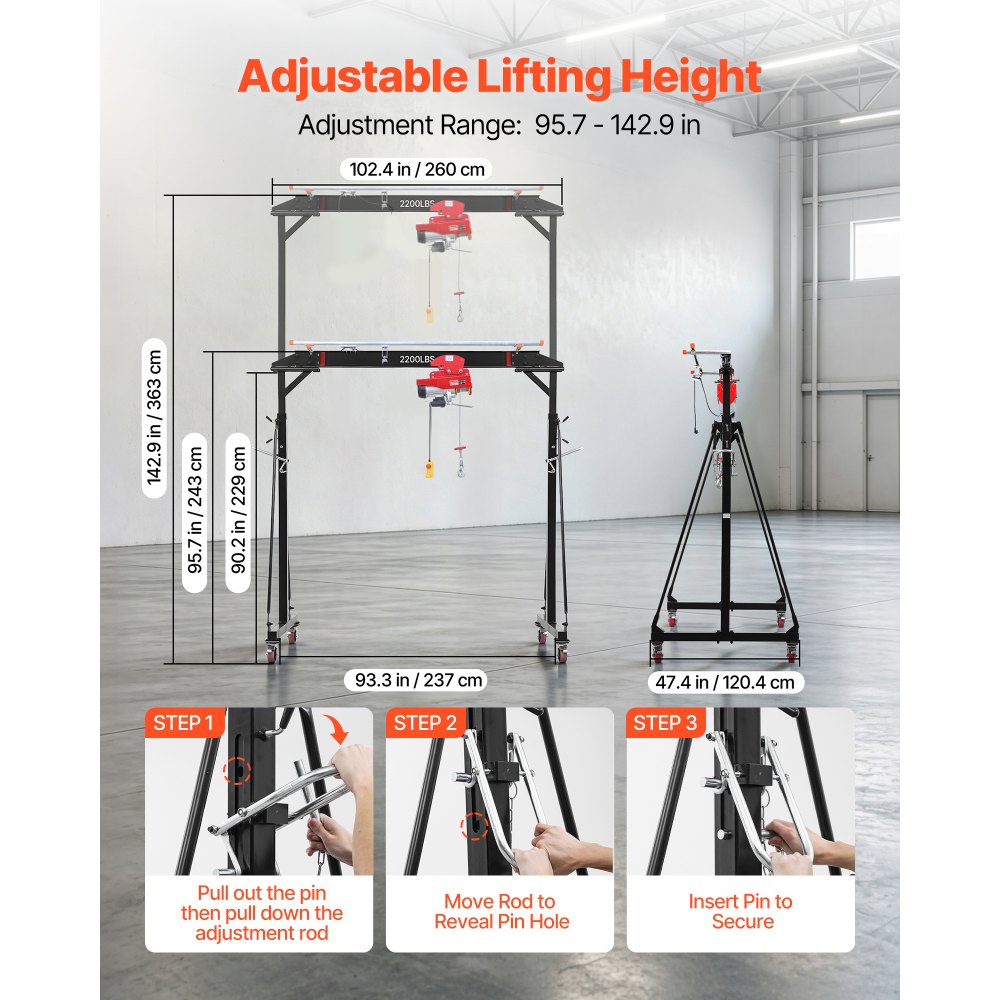 VEVOR mobiele portaalkraan met een hefvermogen van 997,9 kg, in hoogte verstelbare stalen laadkraan van 243-363 cm, werkplaatskraan met handtrolley, elektrische kettingtakel en 360° vergrendelbare zwenkwielen, lastkraan voor hijswerkzaamheden