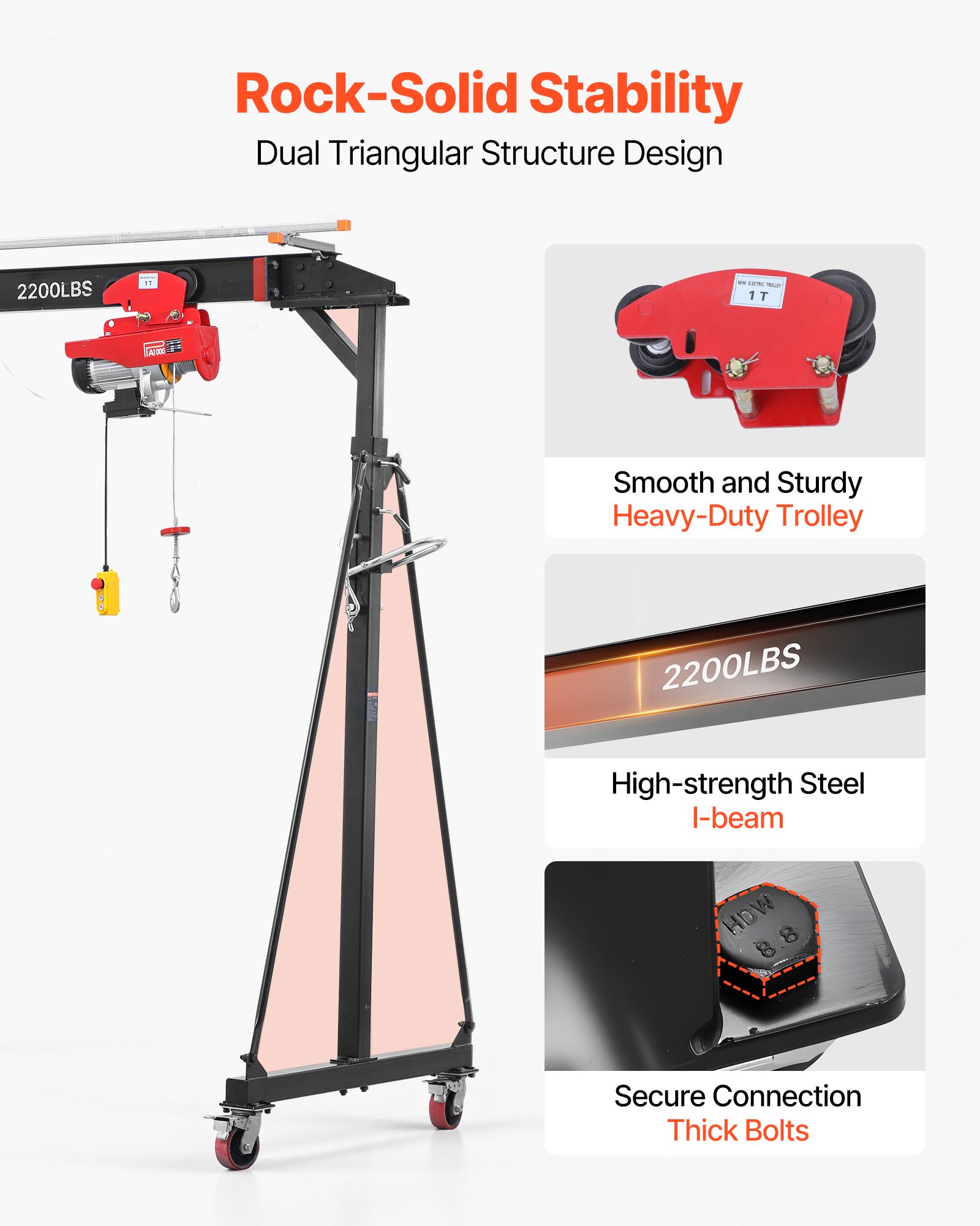 VEVOR mobiele portaalkraan met een hefvermogen van 997,9 kg, in hoogte verstelbare stalen laadkraan van 243-363 cm, werkplaatskraan met handtrolley, elektrische kettingtakel en 360° vergrendelbare zwenkwielen, lastkraan voor hijswerkzaamheden