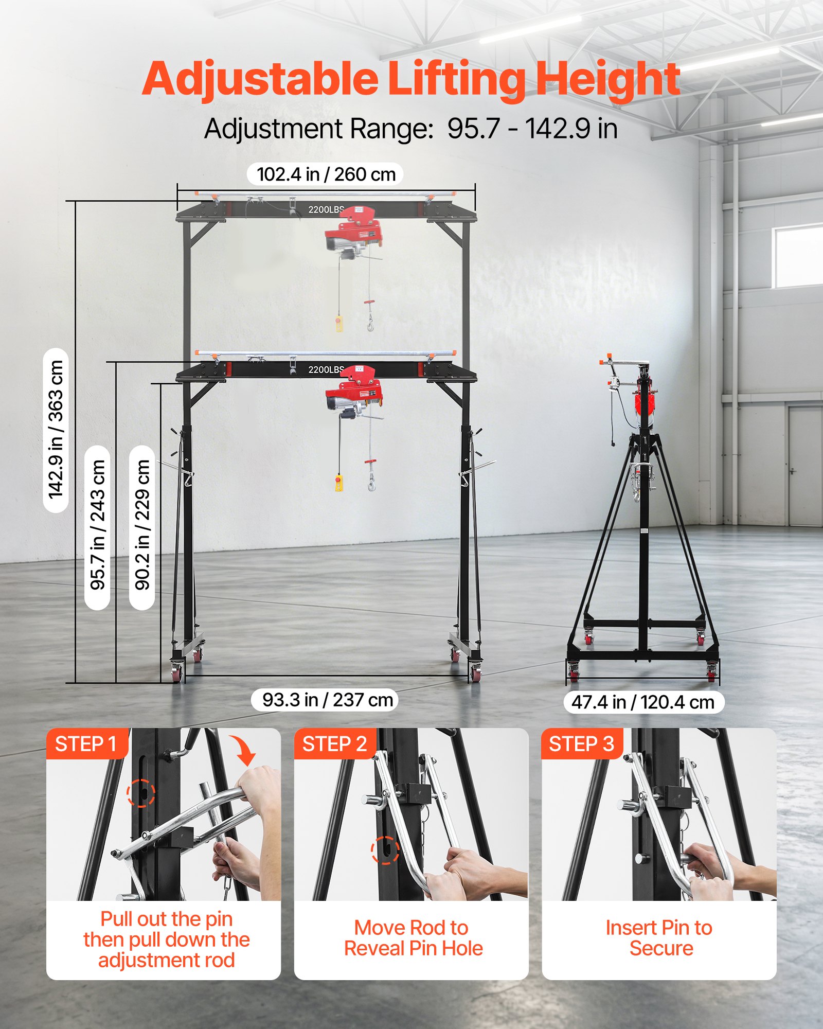VEVOR mobiele portaalkraan met een hefvermogen van 997,9 kg, in hoogte verstelbare stalen laadkraan van 243-363 cm, werkplaatskraan met handtrolley, elektrische kettingtakel en 360° vergrendelbare zwenkwielen, lastkraan voor hijswerkzaamheden
