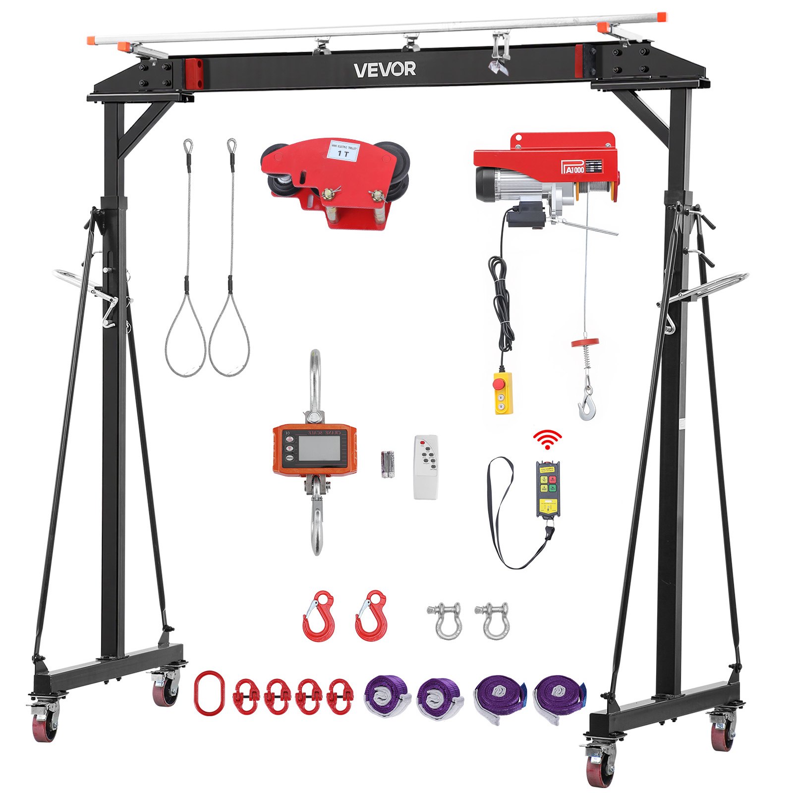 VEVOR mobiele portaalkraan met een hefvermogen van 997,9 kg, in hoogte verstelbare stalen laadkraan van 243-363 cm, werkplaatskraan met handtrolley, elektrische kettingtakel en 360° vergrendelbare zwenkwielen, lastkraan voor hijswerkzaamheden