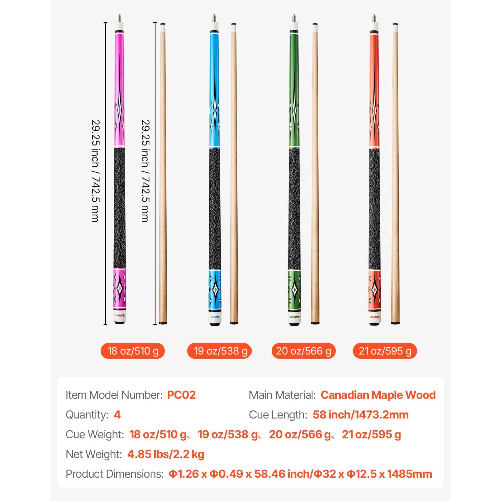 VEVOR Pool Cue, 4 Pieces Pool Stick, 58 inch Canadian Maple Wood Billiard Pools Stick with ABS Connection Ring, Cues Sticks for Professional Pool Table, Bar, Home, Office, 18 oz, 19 oz, 20 oz, 21 oz