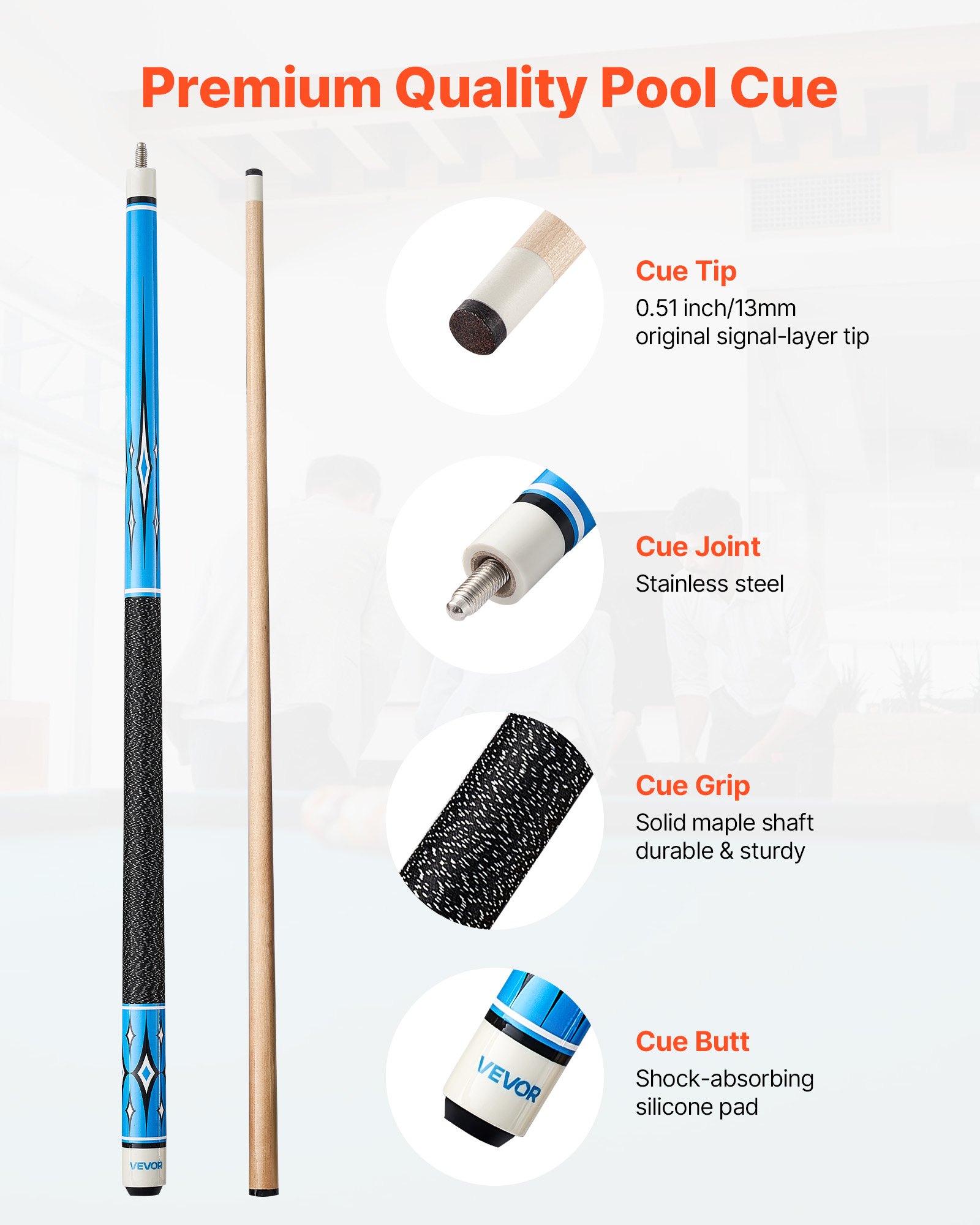 VEVOR Pool Cue, 4 Pieces Pool Stick, 58 inch Canadian Maple Wood Billiard Pools Stick with ABS Connection Ring, Cues Sticks for Professional Pool Table, Bar, Home, Office, 18 oz, 19 oz, 20 oz, 21 oz