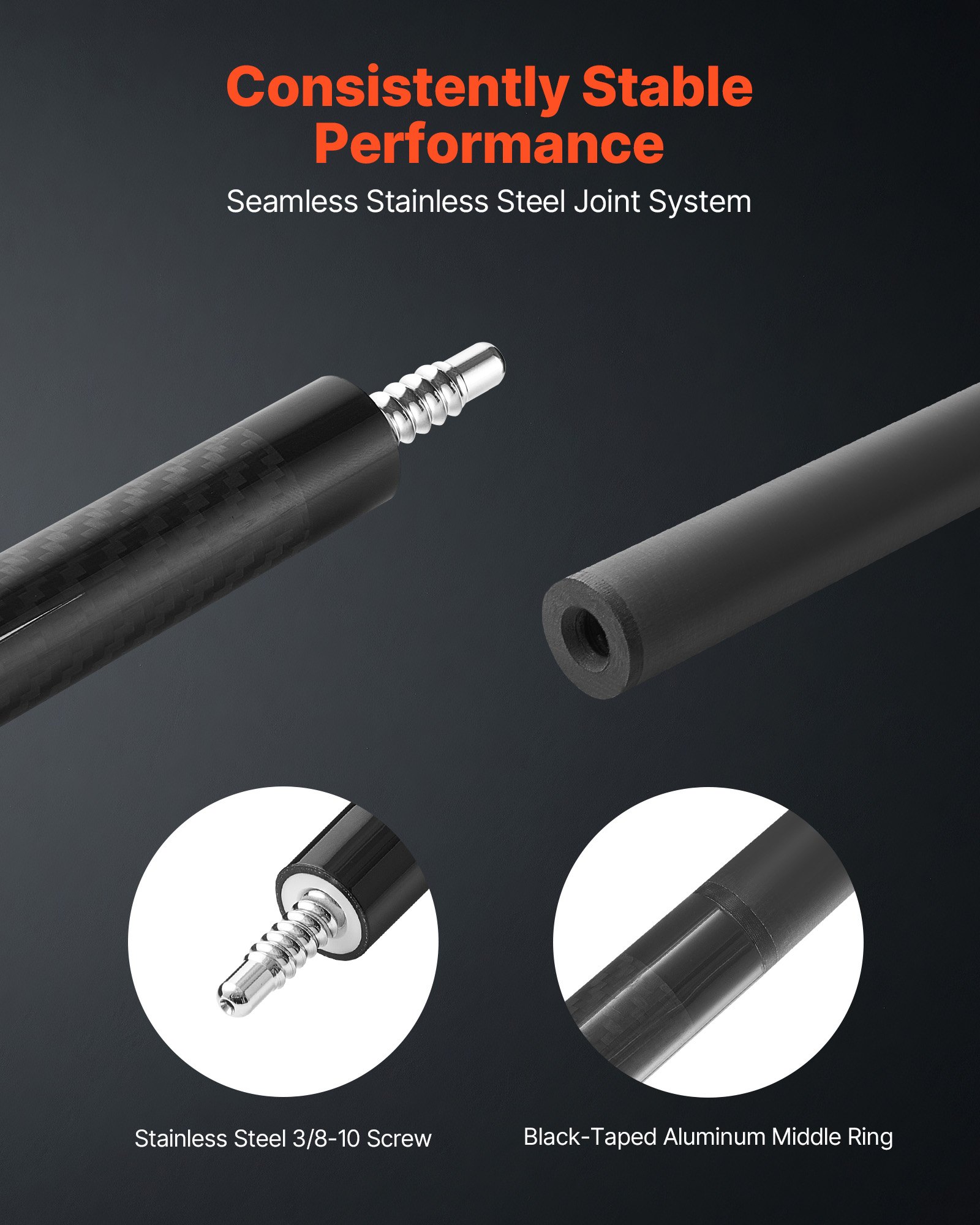 VEVOR Biljartkeu 1 st. (1473,2 mm / 538 g) gemaakt van koolstofvezel met geperste bakelieten punt en ABS-verbindingsring, biljartstick geschikt voor bar, thuis, kantoor, Amerikaans 9-ball spel, poolkeu