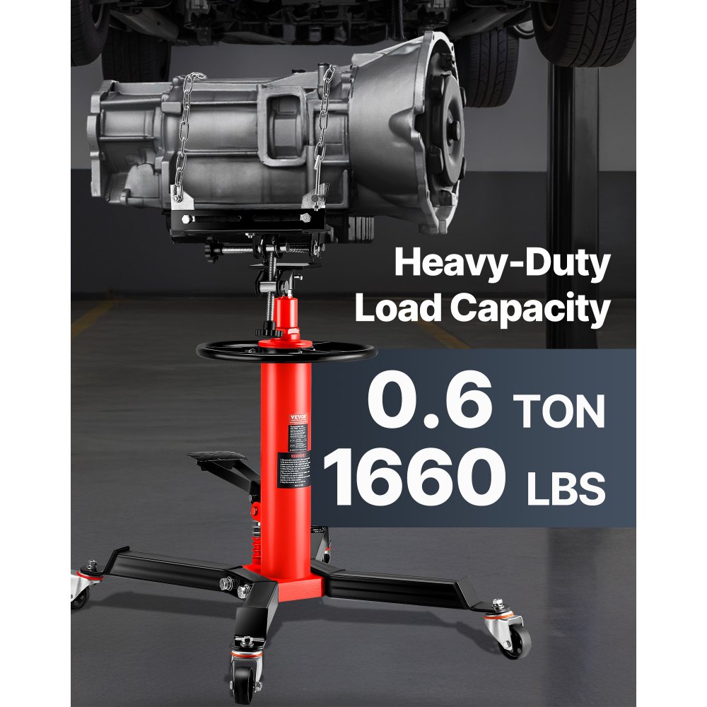 VEVOR Transmission Jack,0.75 Ton/1660 lbs Capacity Hydraulic Telescopic Transmission Jack, 2-Stage Floor Jack Stand with Foot Pedal, 360° Swivel Wheel, Garage/ Shop Lift Hoist, Red