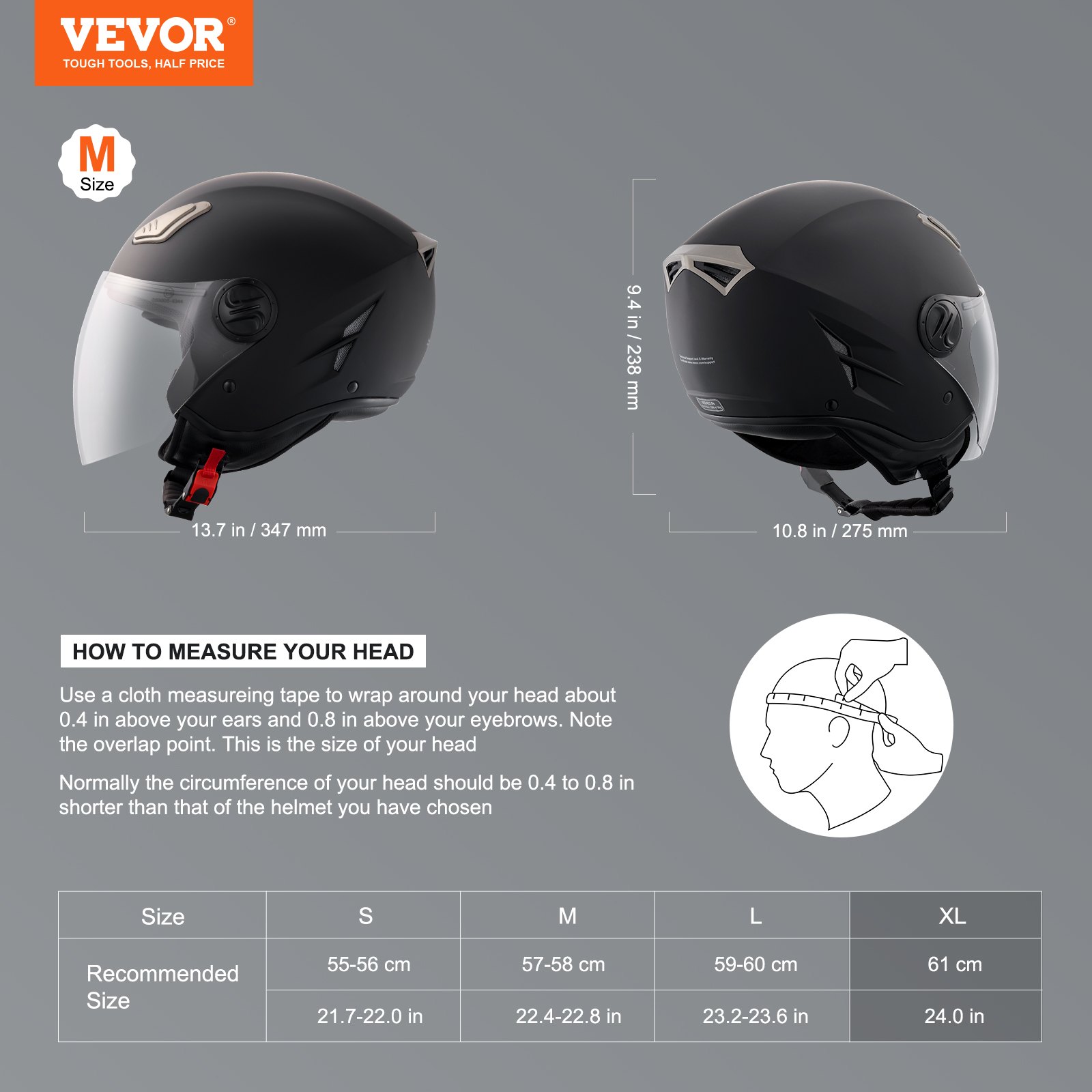 VEVOR Motorcycle Helmet, 3/4-Face, Smart Street ABS & High Density Helmet with Interchangeable Lens, DOT Approved Comfortable Motocross Helmet, Fit for Youth & Adults