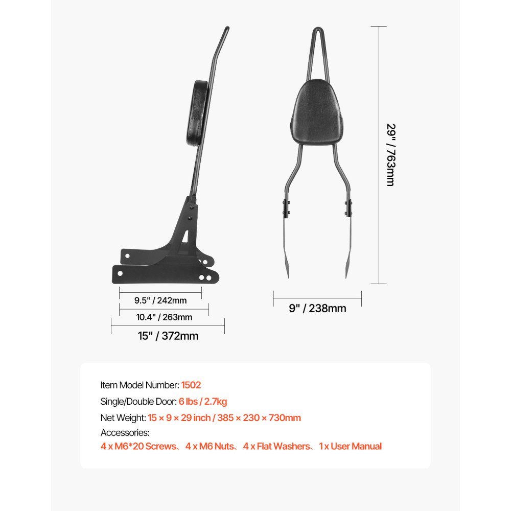 VEVOR Motorfiets Rugleuning Sissy Bar Compatibel met Dyna Street Glide Road Glide Road King, 73 cm Hoge Afneembare Passagiersrugleuning voor Motorfietsen, Zwart