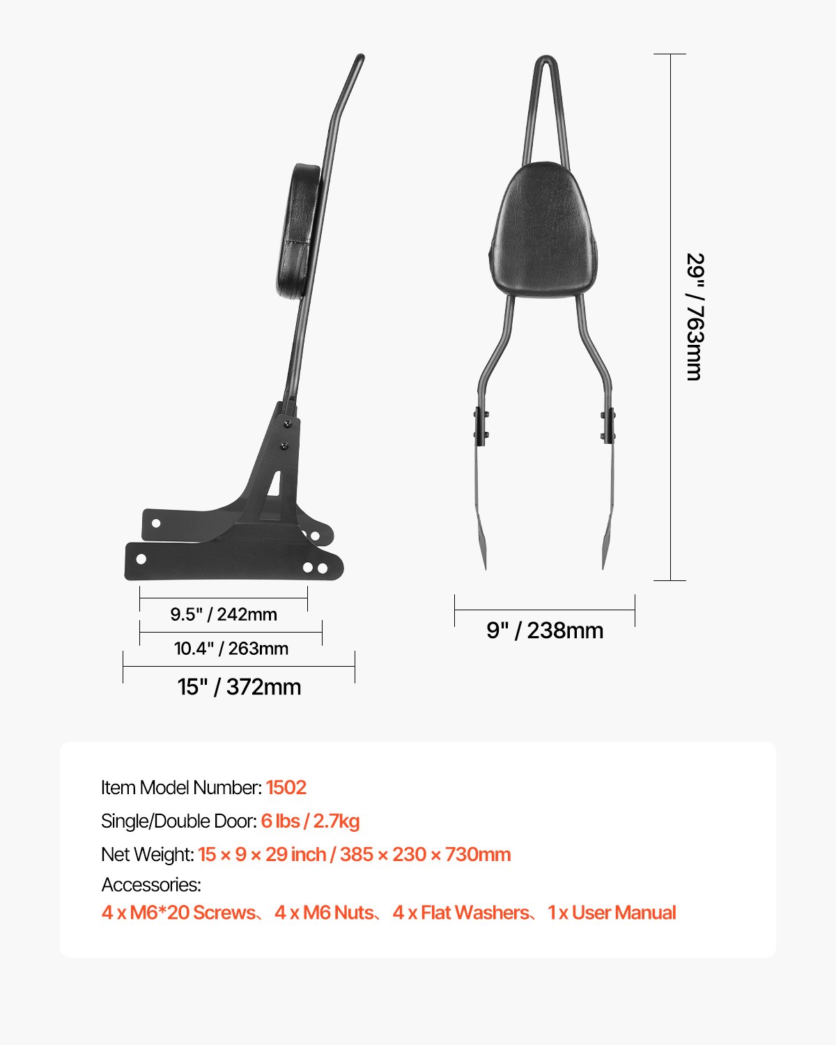 VEVOR Motorfiets Rugleuning Sissy Bar Compatibel met Dyna Street Glide Road Glide Road King, 73 cm Hoge Afneembare Passagiersrugleuning voor Motorfietsen, Zwart