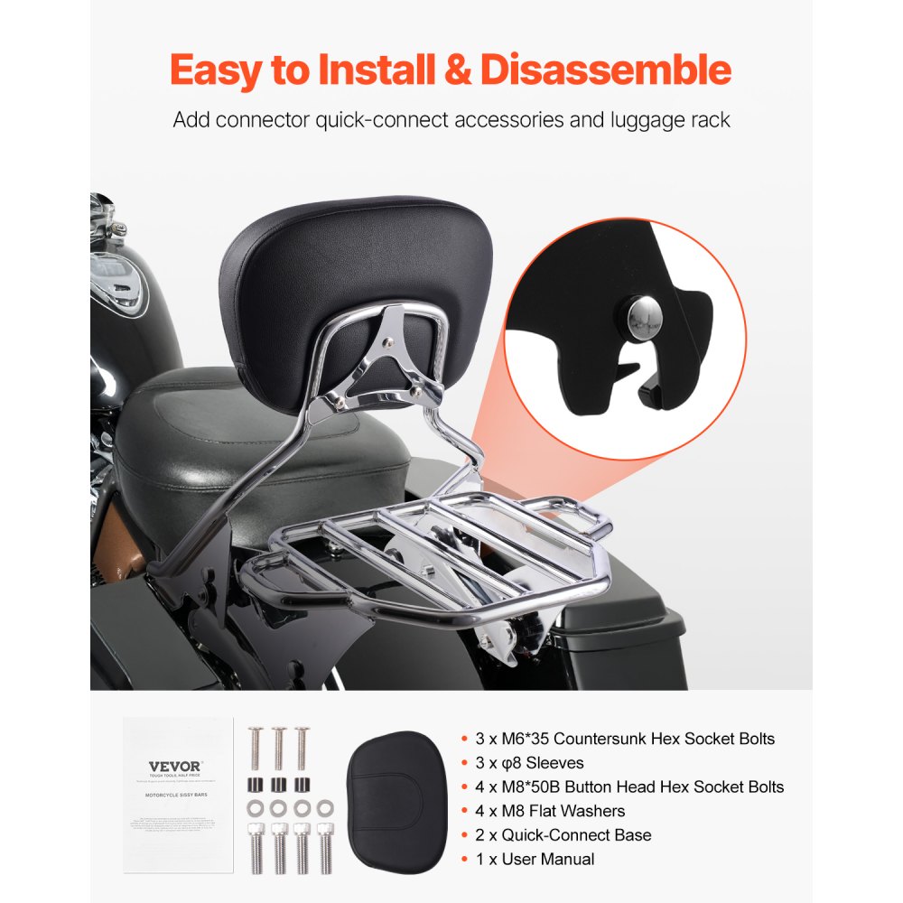 VEVOR Motorfiets Rugleuning Sissy Bar met Bagagerek Compatibel met Harley-Davidson Touring Modellen Street Glide Road Glide Road King, 40 cm (H) Afneembare Passagiersrugleuning voor Motorfietsen