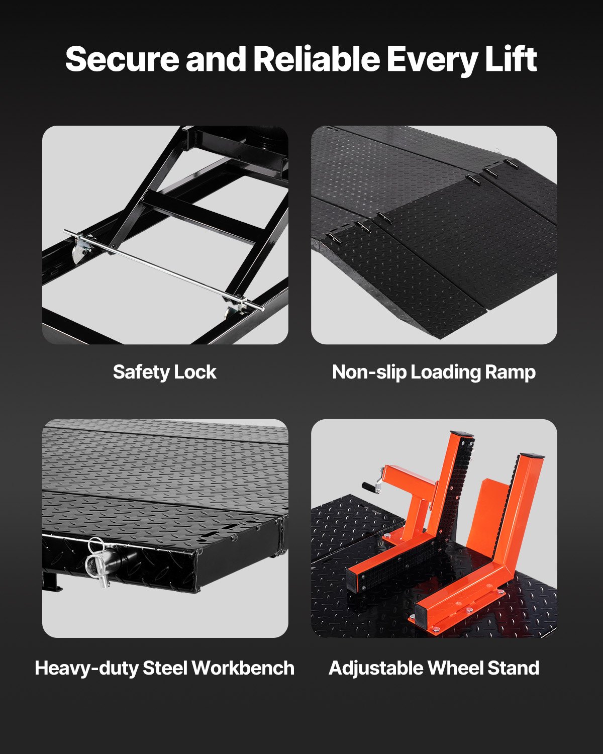 VEVOR Motorfietslift, Motorfietshefplatform, In hoogte verstelbare hefstandaard met afneembare werkbank, Pneumatisch voertuigreparatieplatform (draagvermogen 680 kg / Max. hefhoogte 940,2 mm) voor crossmotoren