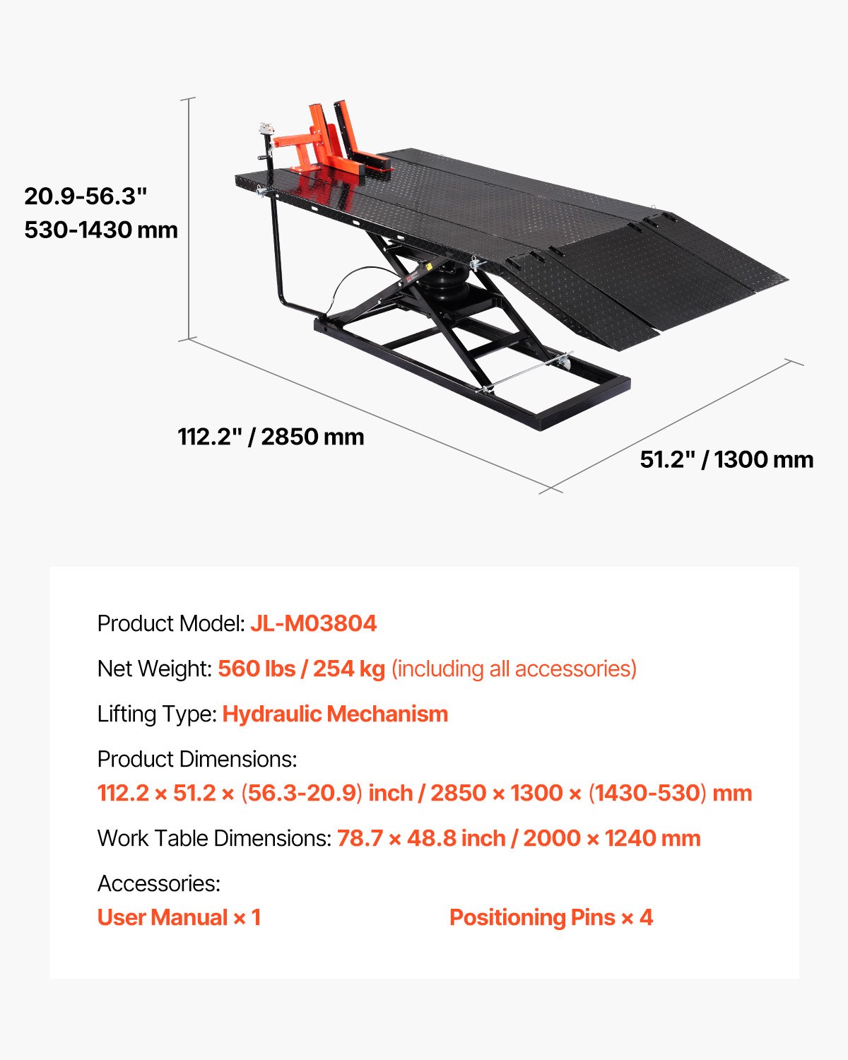 VEVOR Motorfietslift, Motorfietshefplatform, In hoogte verstelbare hefstandaard met afneembare werkbank, Pneumatisch voertuigreparatieplatform (draagvermogen 680 kg / Max. hefhoogte 940,2 mm) voor crossmotoren