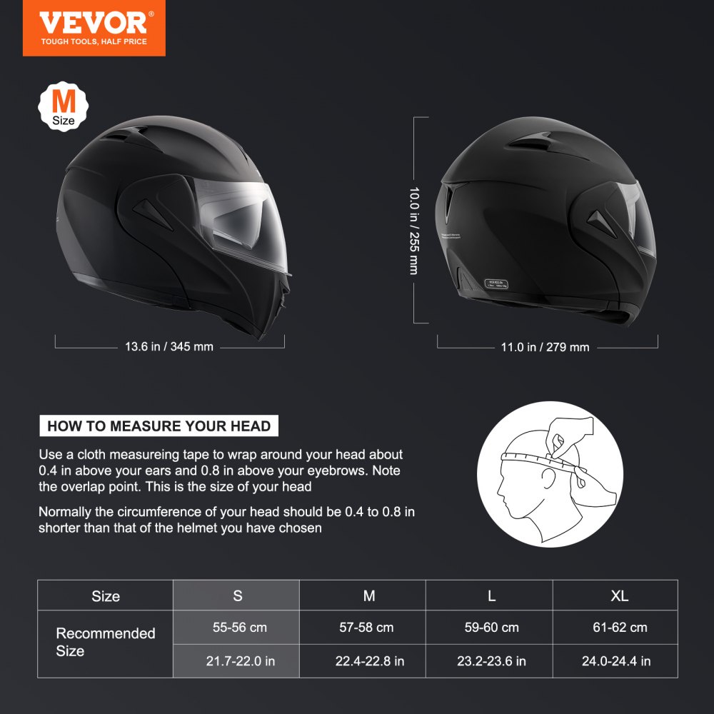VEVOR Motorhelm zonder masker, helmmaat 55-56 cm, ABS-helmen met hoge dichtheid en Bluetooth-sleuf en verwisselbare lens, maat S DOT-goedgekeurde comfortabele motorcrosshelm, voor jongeren en volwassenen