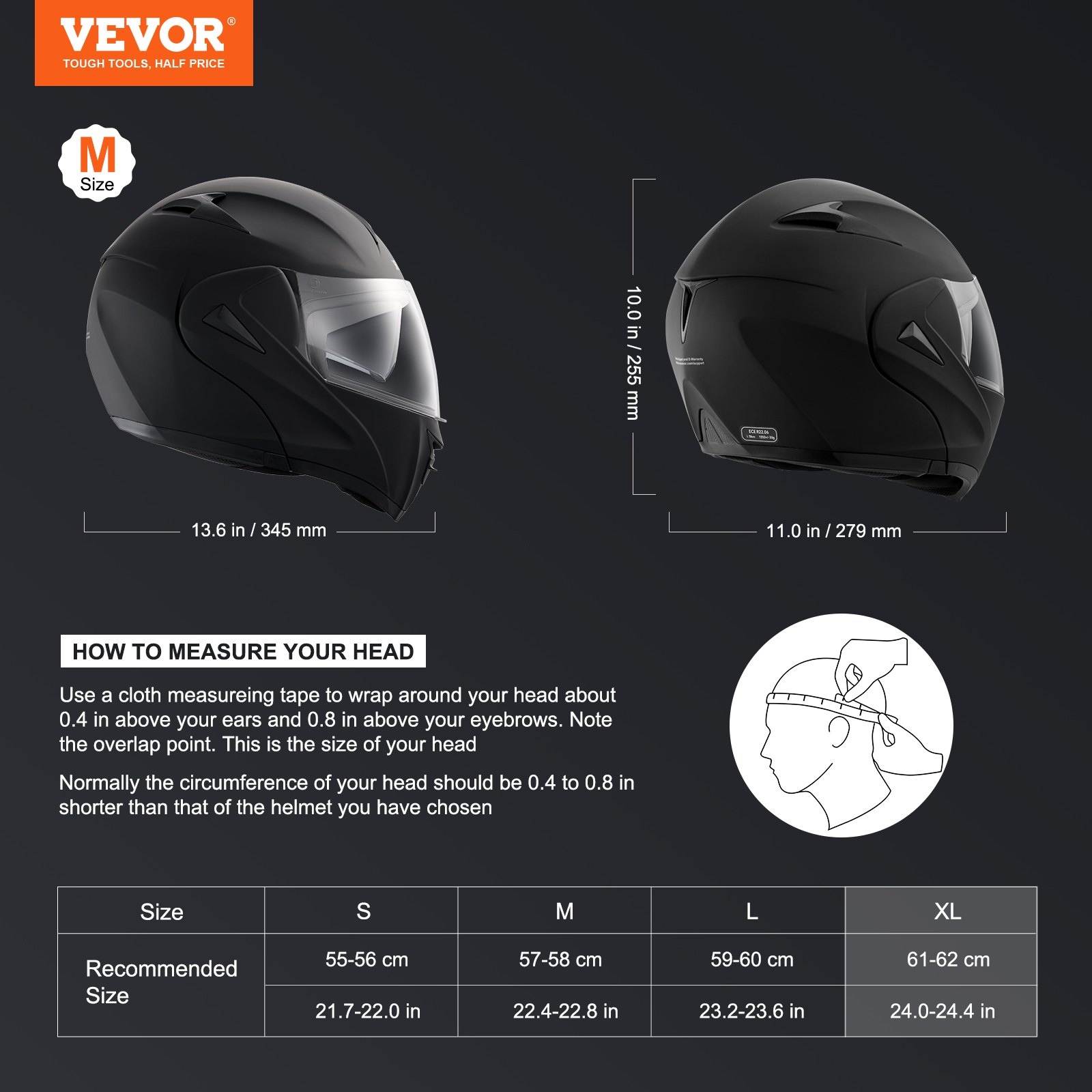 VEVOR Motorhelm zonder masker, ABS-helmen met hoge dichtheid en verwisselbare lenzen, maat XL, DOT-goedgekeurde comfortabele motorcrosshelm, voor jongeren en volwassenen