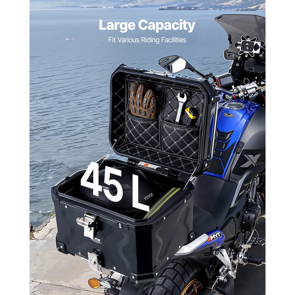 VEVOR Topkoffer voor motorfietsen, 45 liter achterkoffer van aluminiumlegering met lederen voering, afneembare topkoffer met slot en rugleuning, helmhoes (435 x 378 x 348 mm) zwart