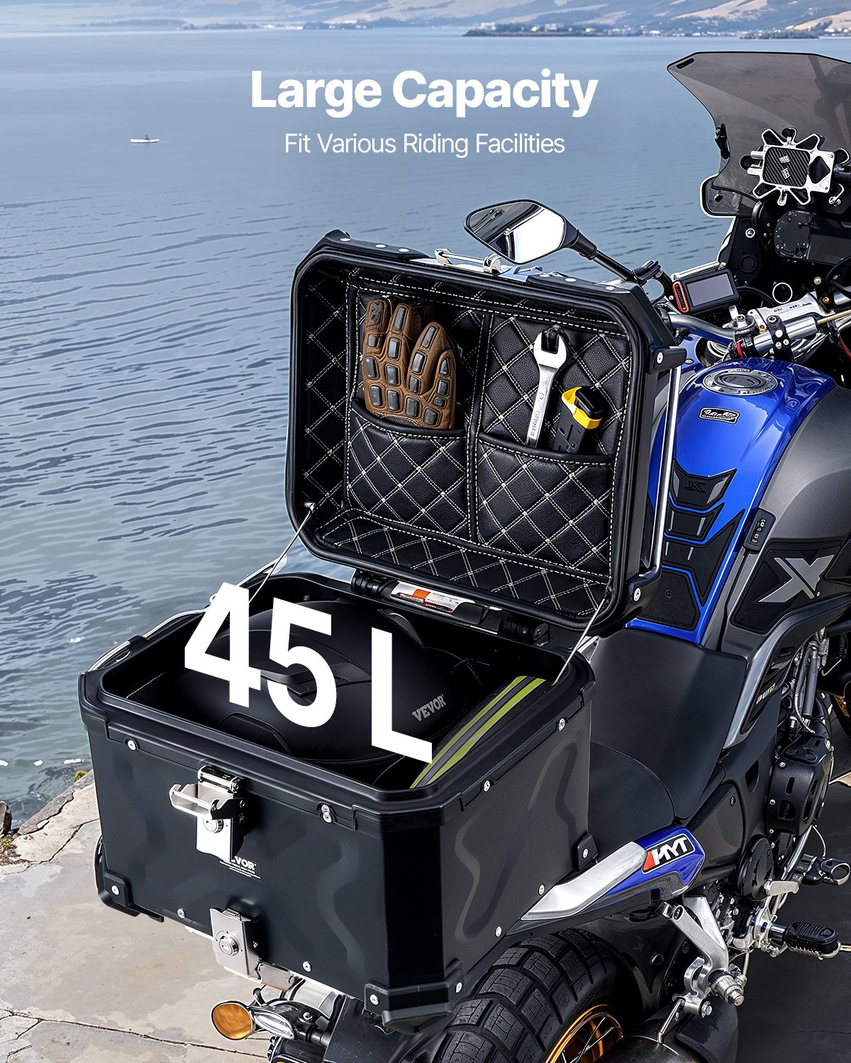 VEVOR Topkoffer voor motorfietsen, 45 liter achterkoffer van aluminiumlegering met lederen voering, afneembare topkoffer met slot en rugleuning, helmhoes (435 x 378 x 348 mm) zwart