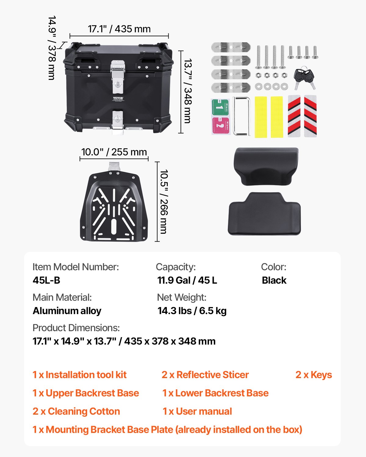 VEVOR Topkoffer voor motorfietsen, 45 liter achterkoffer van aluminiumlegering met lederen voering, afneembare topkoffer met slot en rugleuning, helmhoes (435 x 378 x 348 mm) zwart