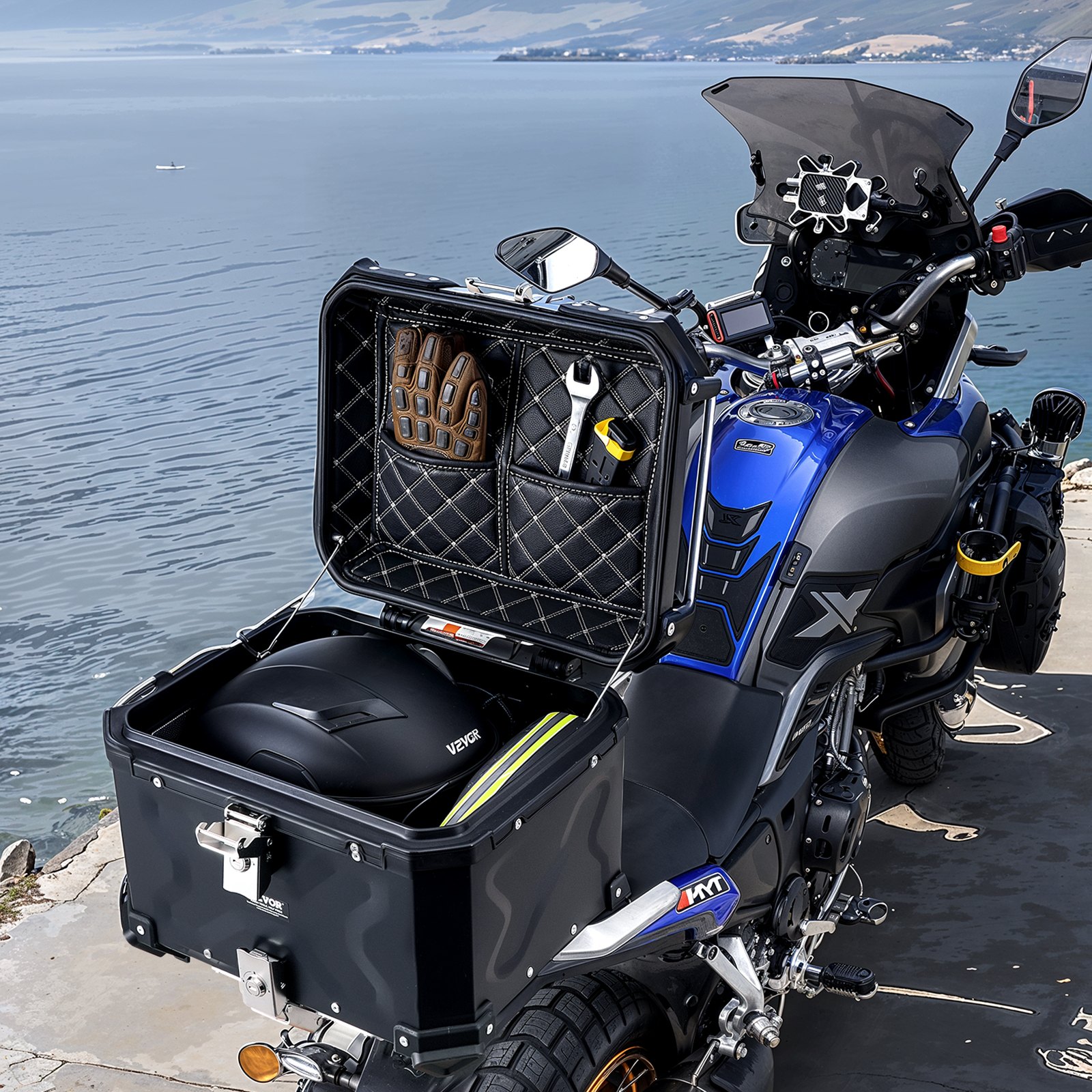 VEVOR Topkoffer voor motorfietsen, 45 liter achterkoffer van aluminiumlegering met lederen voering, afneembare topkoffer met slot en rugleuning, helmhoes (435 x 378 x 348 mm) zwart