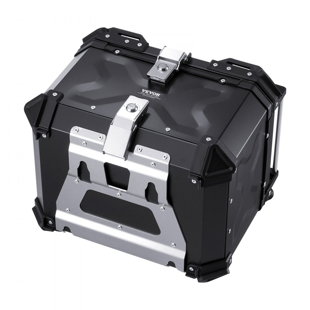 VEVOR Topkoffer voor motorfiets, 55 liter, achterkoffer van aluminiumlegering met lederen voering, afneembare topkoffer met slot en rugleuning, helmhoes (470 x 430 x 367 mm) zwart