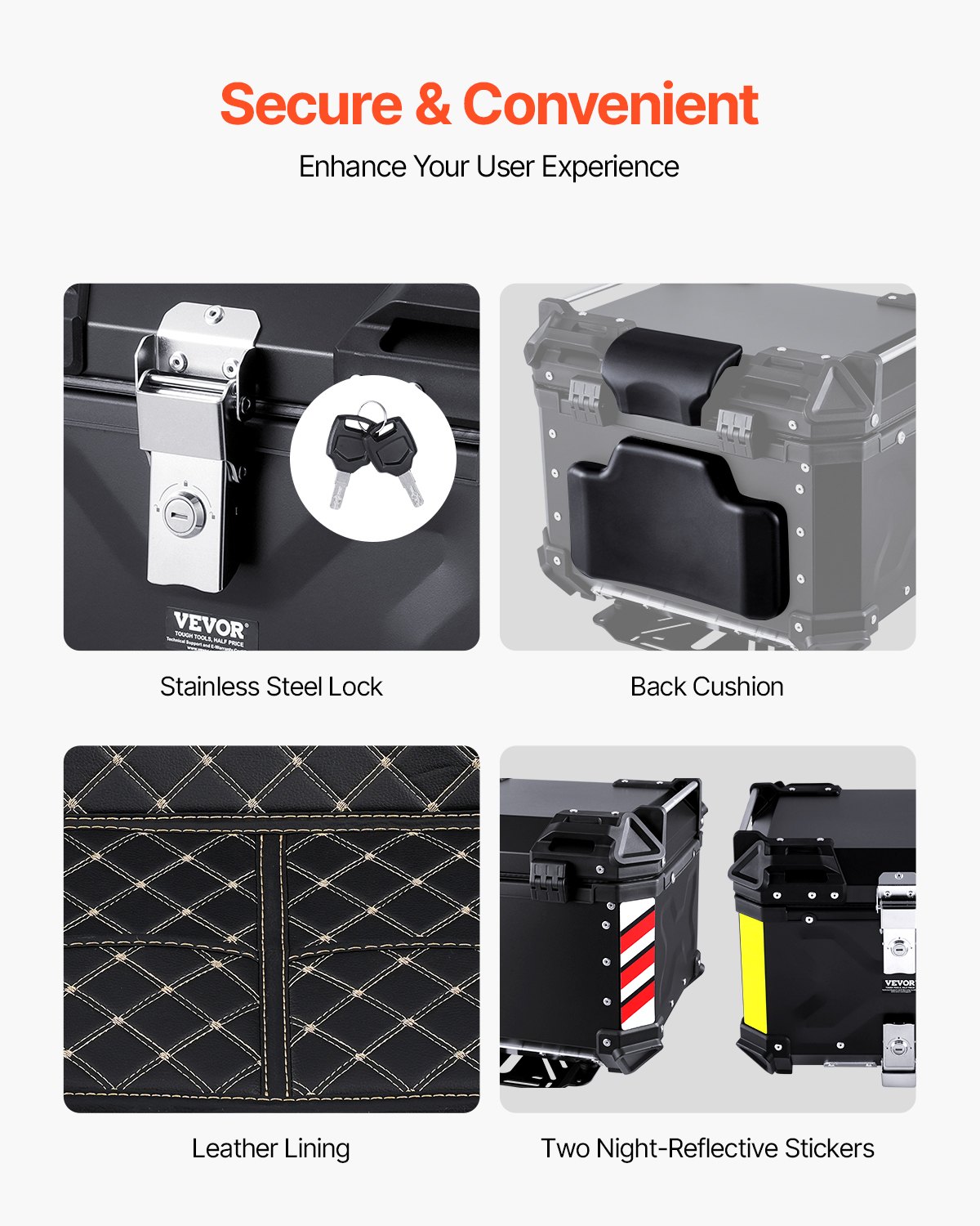 VEVOR Motorcycle Top Case, Universal Aluminum Alloy Motorbike Tail Box with Leather Lining, 55L Waterproof Detachable Motorcycle Top Box with Lock & Back Cushion, Fit for 99% of Motorcycle Frames