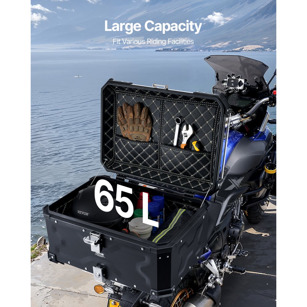 VEVOR Motorcycle Top Case, Universal Aluminum Alloy Motorbike Tail Box with Leather Lining, 65L Waterproof Detachable Motorcycle Top Box with Lock & Back Cushion, Fit for 99% of Motorcycle Frames