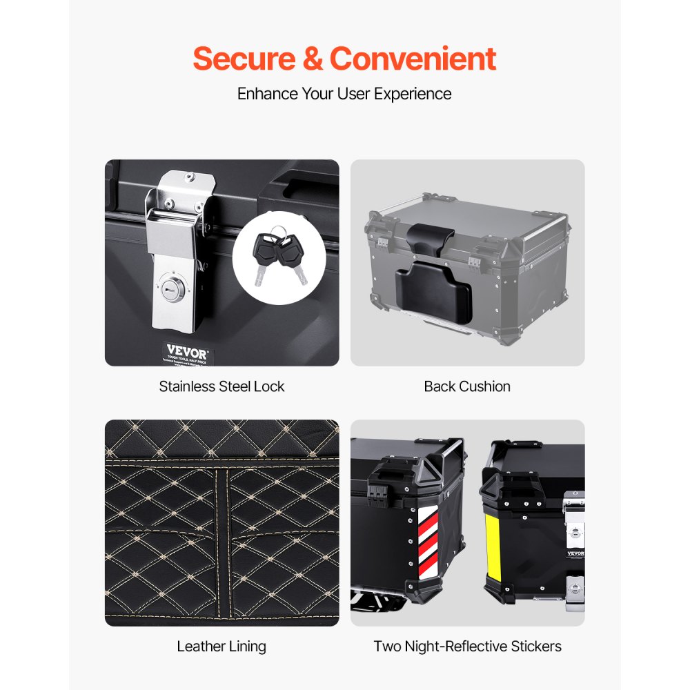 VEVOR Motorcycle Top Case, Universal Aluminum Alloy Motorbike Tail Box with Leather Lining, 65L Waterproof Detachable Motorcycle Top Box with Lock & Back Cushion, Fit for 99% of Motorcycle Frames