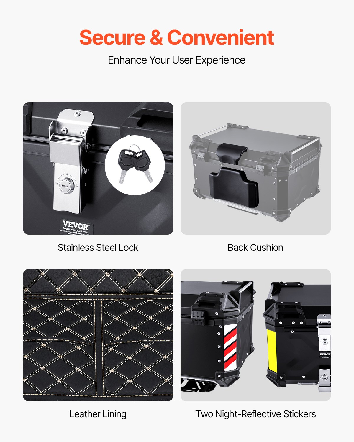 VEVOR Motorcycle Top Case, Universal Aluminum Alloy Motorbike Tail Box with Leather Lining, 65L Waterproof Detachable Motorcycle Top Box with Lock & Back Cushion, Fit for 99% of Motorcycle Frames