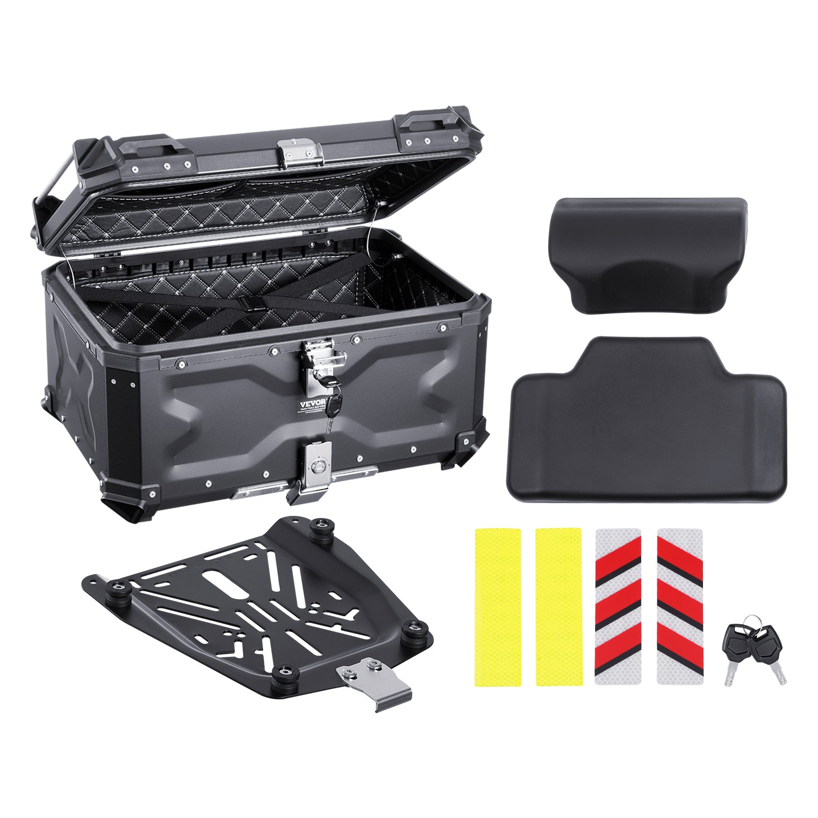 VEVOR Motorfiets Topkoffer, 65L Achterkoffer van Aluminiumlegering met Leren Voering, Afneembare Motorfiets Topkoffer met Slot & Rugkussen, Helmhoes (565 x 500 x 380 mm) Zwart