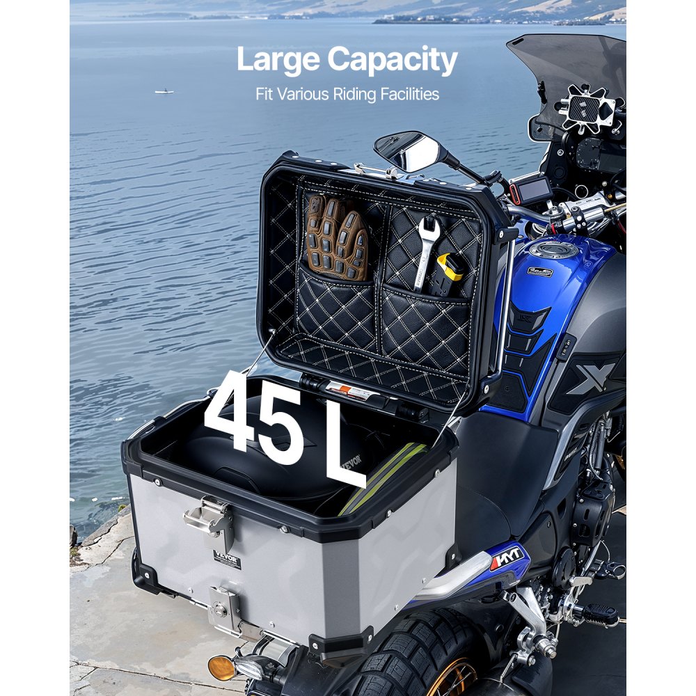 VEVOR Motorcycle Top Case, Universal Aluminum Alloy Motorbike Tail Box with Leather Lining, 45L Waterproof Detachable Motorcycle Top Box with Lock & Back Cushion, Fit for 99% of Motorcycle Frames