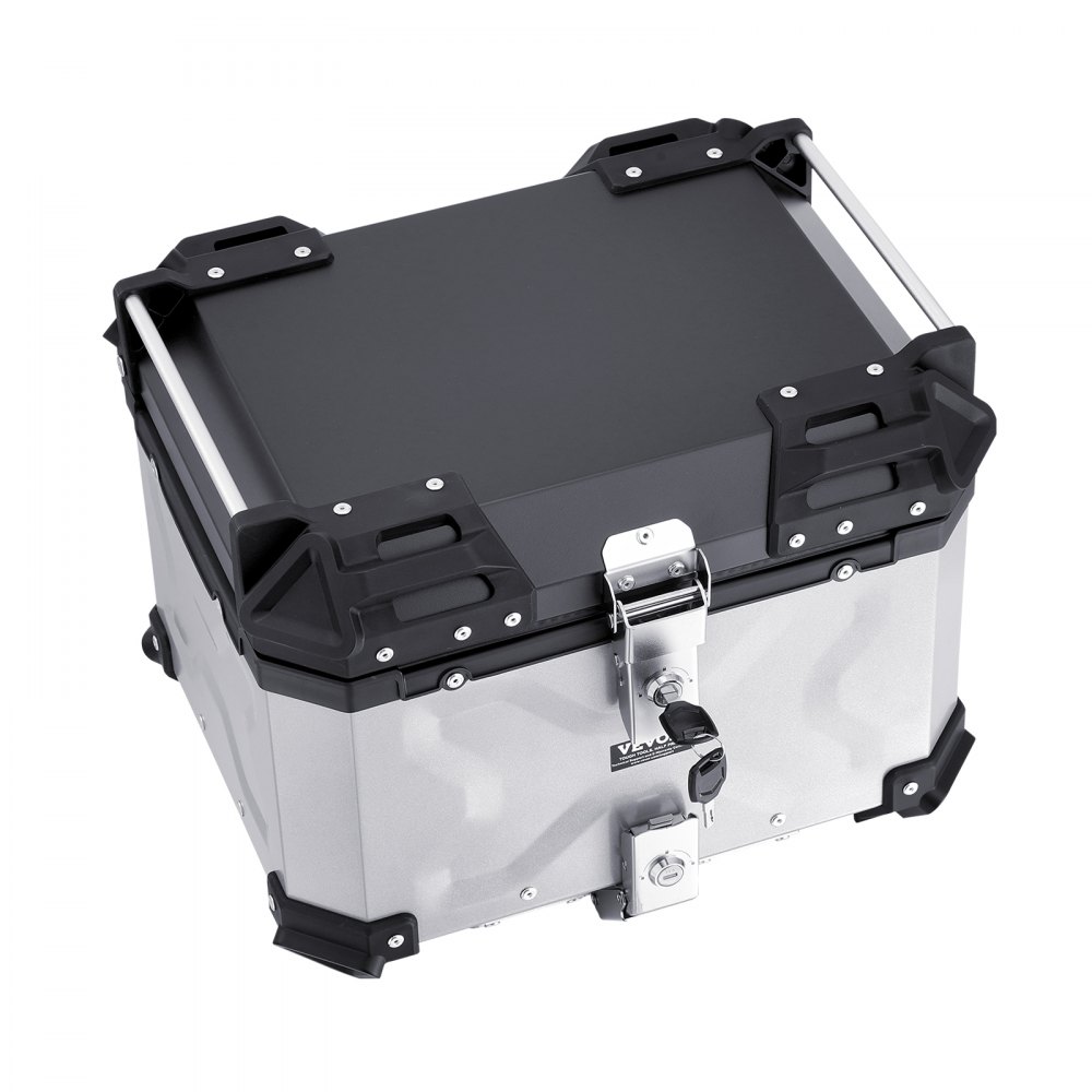VEVOR Motorcycle Top Case, Universal Aluminum Alloy Motorbike Tail Box with Leather Lining, 45L Waterproof Detachable Motorcycle Top Box with Lock & Back Cushion, Fit for 99% of Motorcycle Frames