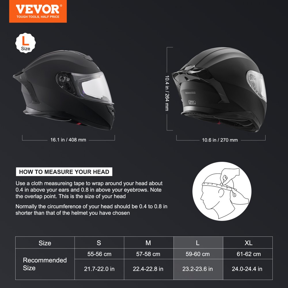 VEVOR Motorcycle Helmet, Full Face, Smart Street ABS & High Density Helmet with Bluetooth Slot & Interchangeable Lens, DOT Approved Comfortable Motocross Helmet, Fit for Youth & Adults