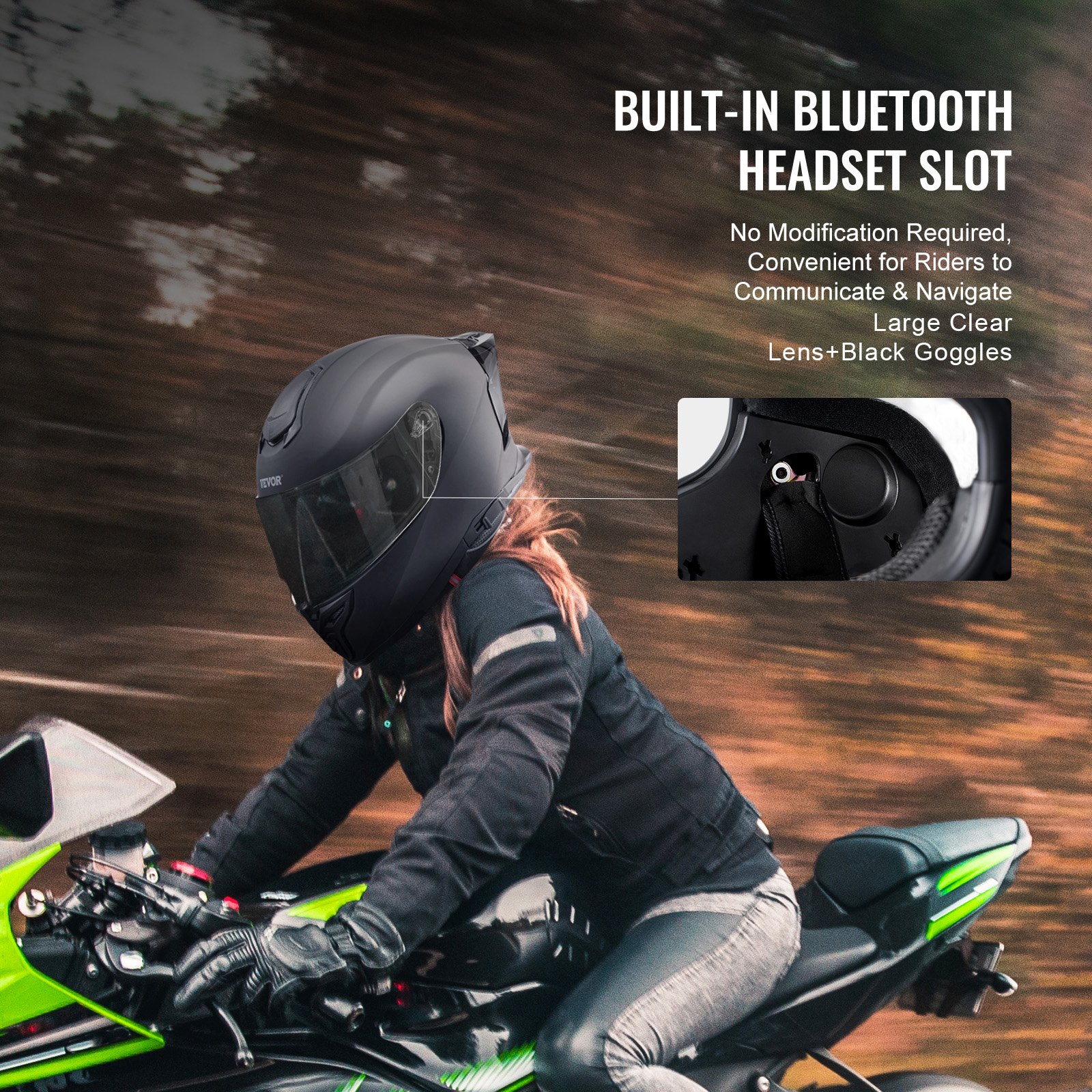 VEVOR Motorcycle Helmet, Full Face, Smart Street ABS & High Density Helmet with Bluetooth Slot & Interchangeable Lens, DOT Approved Comfortable Motocross Helmet, Fit for Youth & Adults