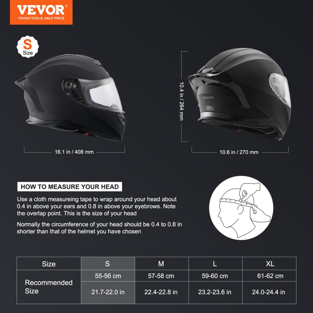 VEVOR Motorhelm Motocrosshelmen Integraalhelm Maat S, ABS Helmen met Bluetooth-aansluiting en verwisselbare lens, DOT-goedgekeurde comfortabele motorcrosshelm, voor jongeren en volwassenen Zwart