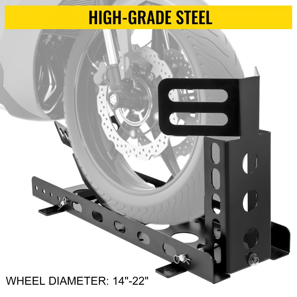 VEVOR Heavy Duty Motorcycle Voorwiel 63,5x31,5x38 cm Motorcycle Wheel Chock Zwarte Paddockstand Voorwiel van Hoogwaardig Staal met 1360 kg Laadvermogen voor Wielmaten van 355,6-560 mm Diameter Wielen