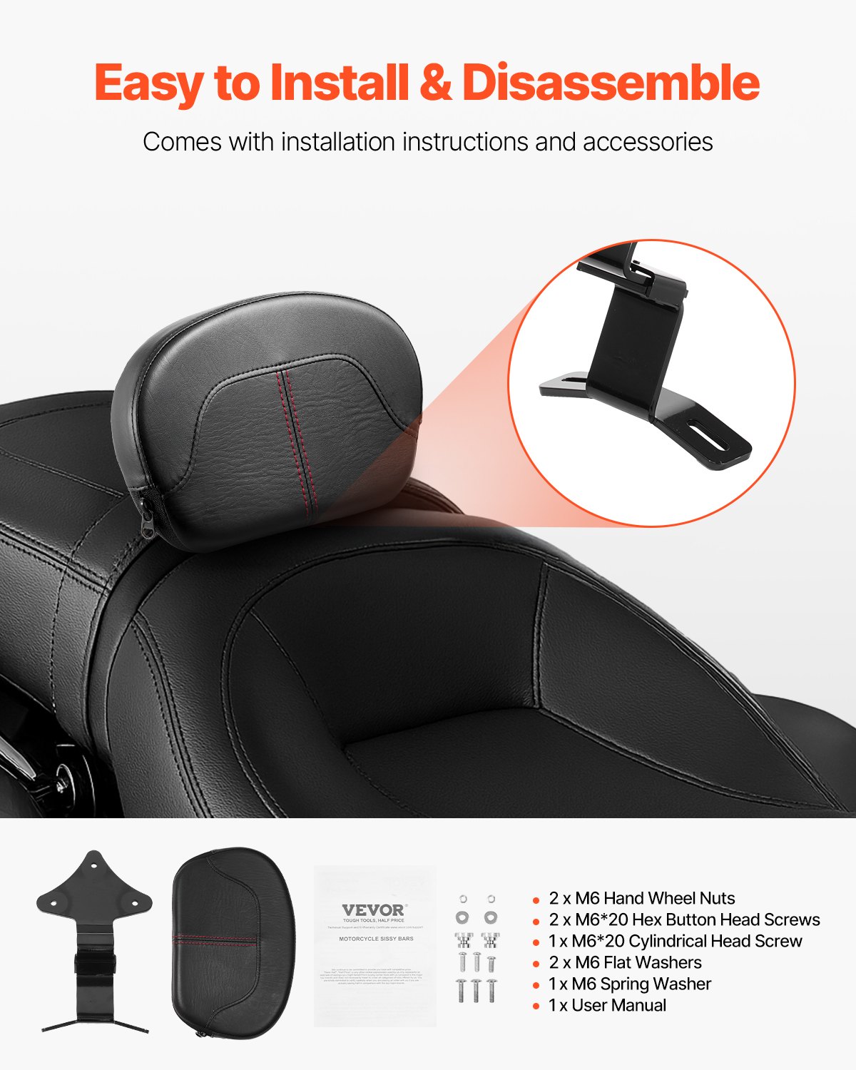 VEVOR Motorcycle Backrest Sissy Bar, Compatible With Harley-Davidson Touring Street Glide Road Glide Road King, 310mm Height Detachable Rider Backrest, For Motorcycles, Black