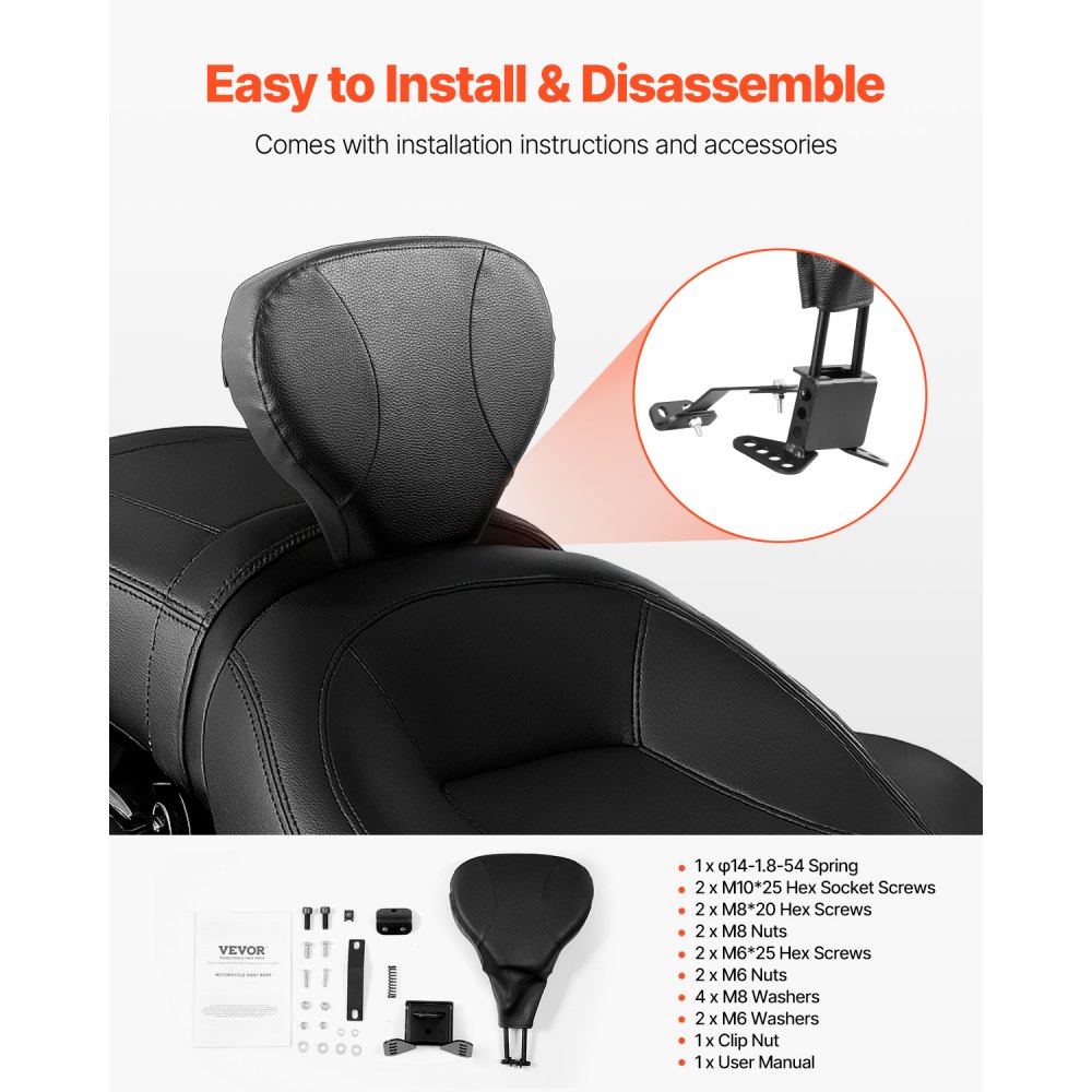 VEVOR Motorcycle Backrest Sissy Bar, Compatible with Harley Touring Models 2009-2024 with One-piece Slotted Seat, Street Glide Road Glide Road King, Adjustable Height Detachable Rider Backrest, Black