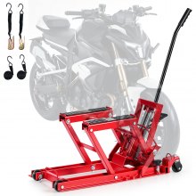 VEVOR hydraulische motorlift, tot 680 kg, in hoogte verstelbaar 115–385 mm, hefplatform met 4 wielen en voetbediening, ideaal voor ATV's, crossmotoren en straatmotoren, rood