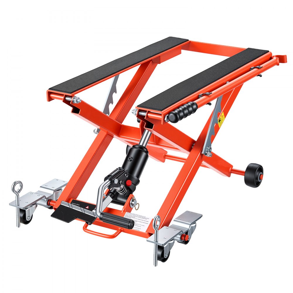 VEVOR hydraulische motorlift, hefvermogen 499 kg, motorliftplatform met 6 wielen, in hoogte verstelbaar van 120–385 mm, hydraulische lift, voetbediende montagestandaard voor crossmotoren, ATV's, cruisers en motorfietsen, oranje