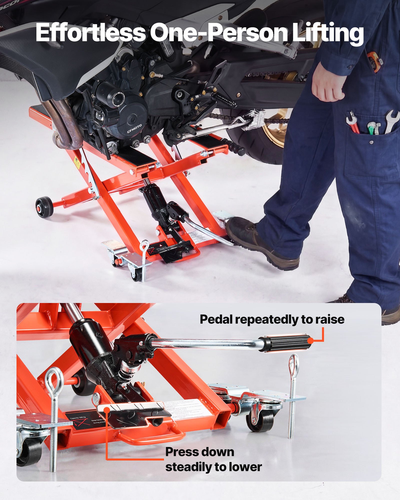 VEVOR hydraulische motorlift, hefvermogen 499 kg, motorliftplatform met 6 wielen, in hoogte verstelbaar van 120–385 mm, hydraulische lift, voetbediende montagestandaard voor crossmotoren, ATV's, cruisers en motorfietsen, oranje