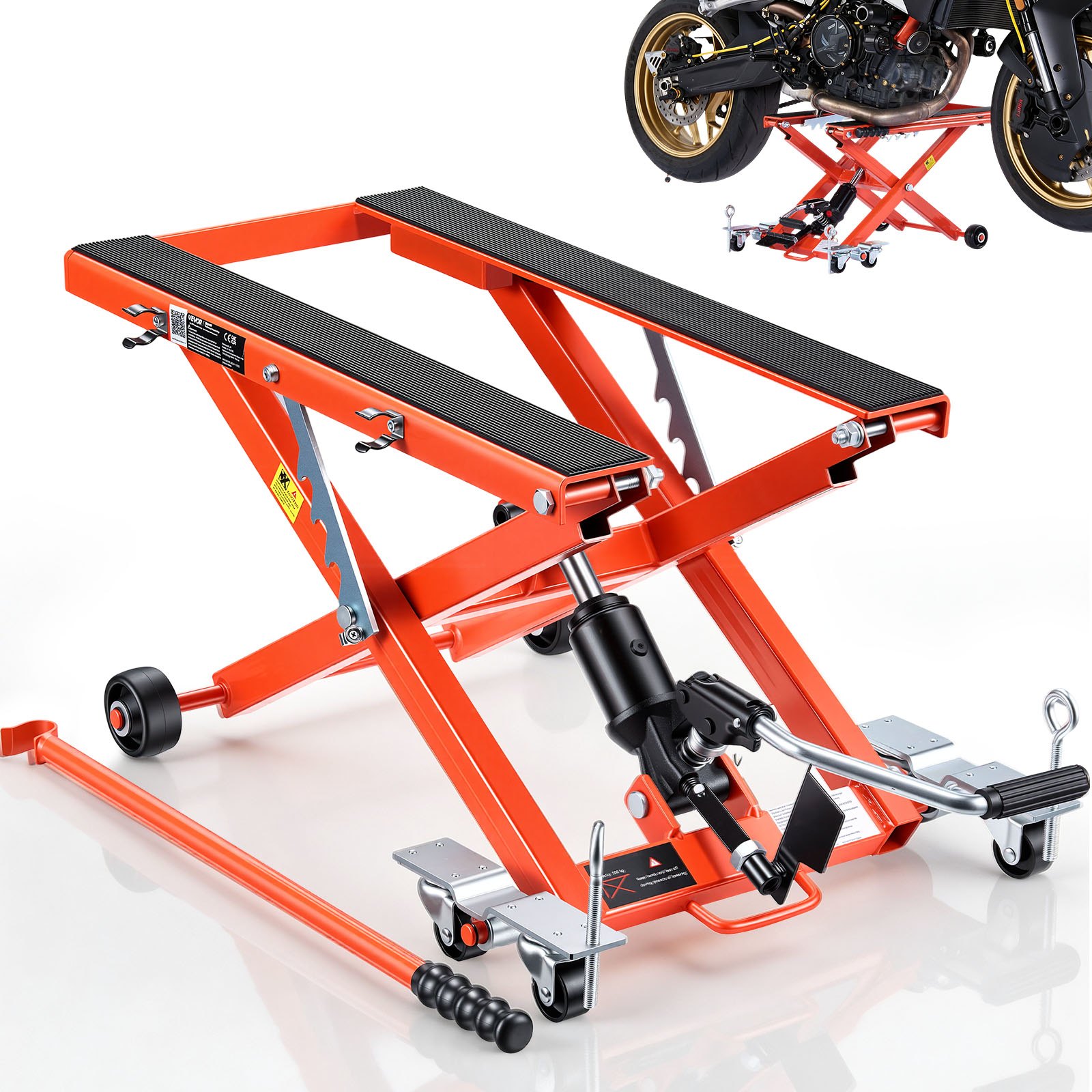 VEVOR hydraulische motorlift, hefvermogen 499 kg, motorliftplatform met 6 wielen, in hoogte verstelbaar van 120–385 mm, hydraulische lift, voetbediende montagestandaard voor crossmotoren, ATV's, cruisers en motorfietsen, oranje