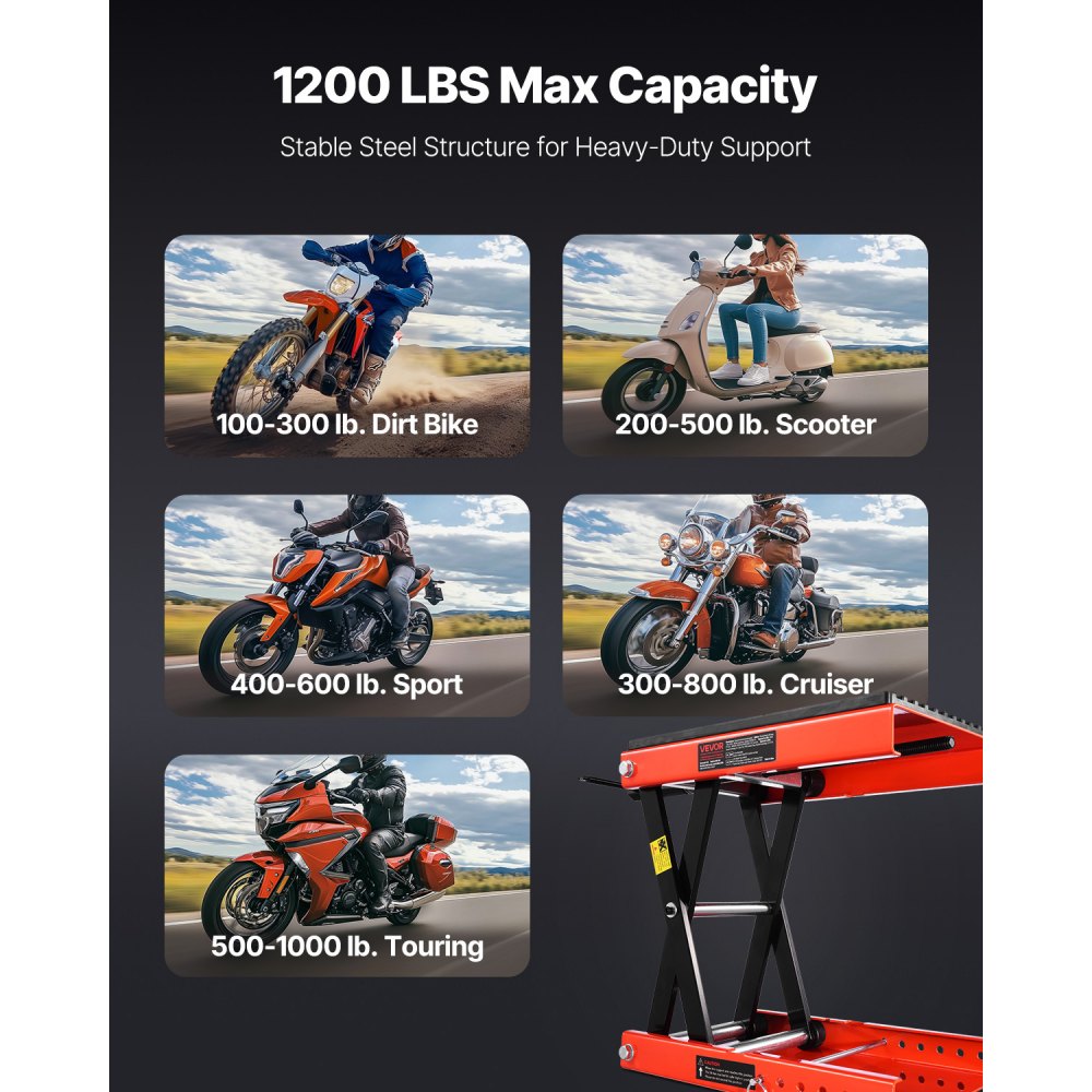 VEVOR Motorfietskrik, in hoogte verstelbare schaarlift van 105-380 mm met breed platform, fietsreparatiekrik (laadvermogen 544 kg) met ratel en kruk voor crossmotoren