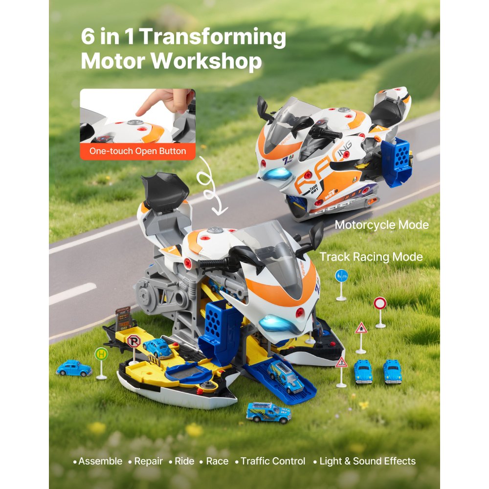 VEVOR Motorfietsmotorspeelgoed, set van 25 stuks, motorfietsmonteurspeelgoed met afneembare onderdelen, licht en geluid, gesimuleerd rijden en racen op het circuit, voor kinderen vanaf 3 jaar, geel
