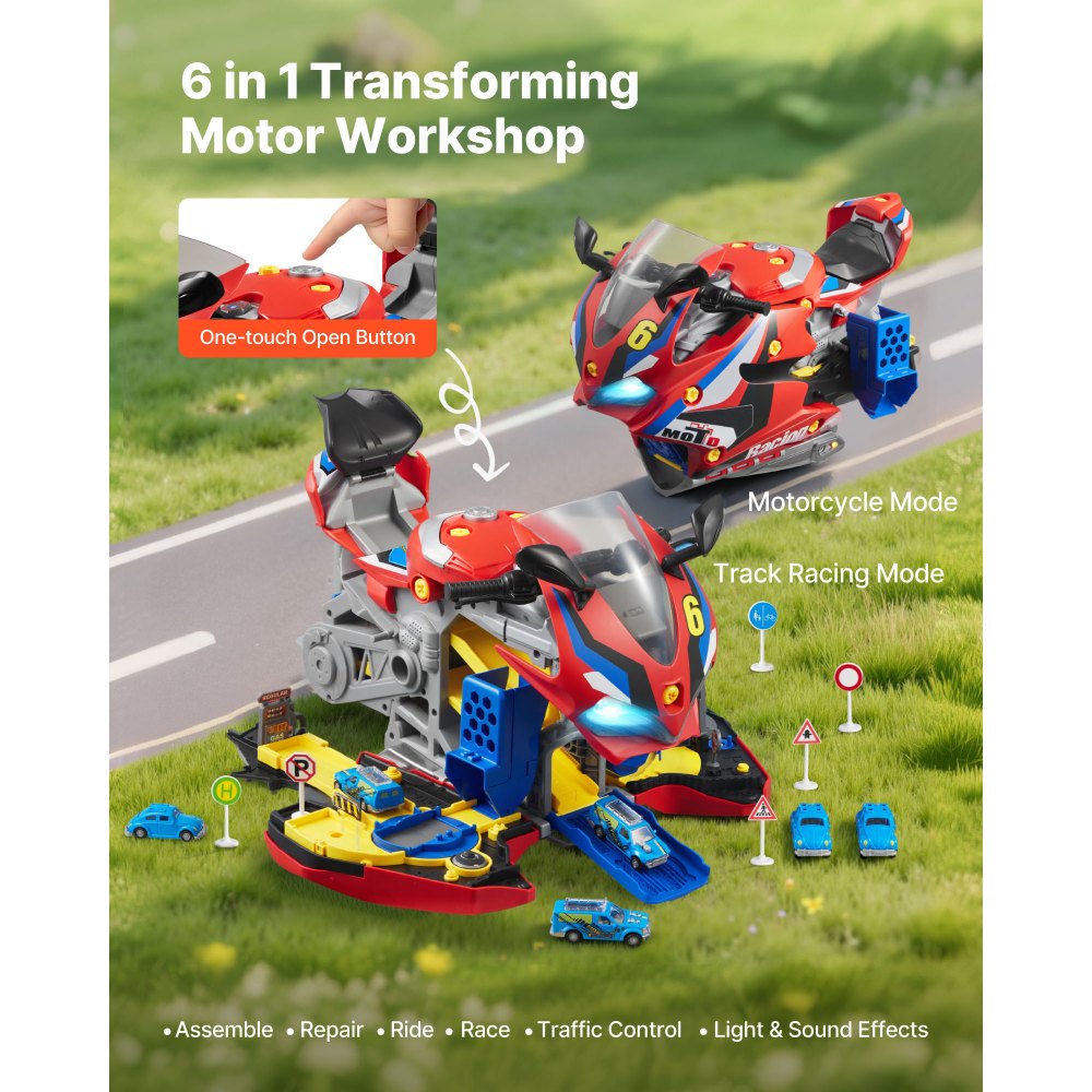 VEVOR Motorcycle Engine Toy, 25 Pieces, Motorcycle Mechanic Toy with Removable Parts, Lights & Sounds, Simulated Riding & Track Racing, Kids Mechanic Workshop Set for Toddler 3 Years and Up, Red