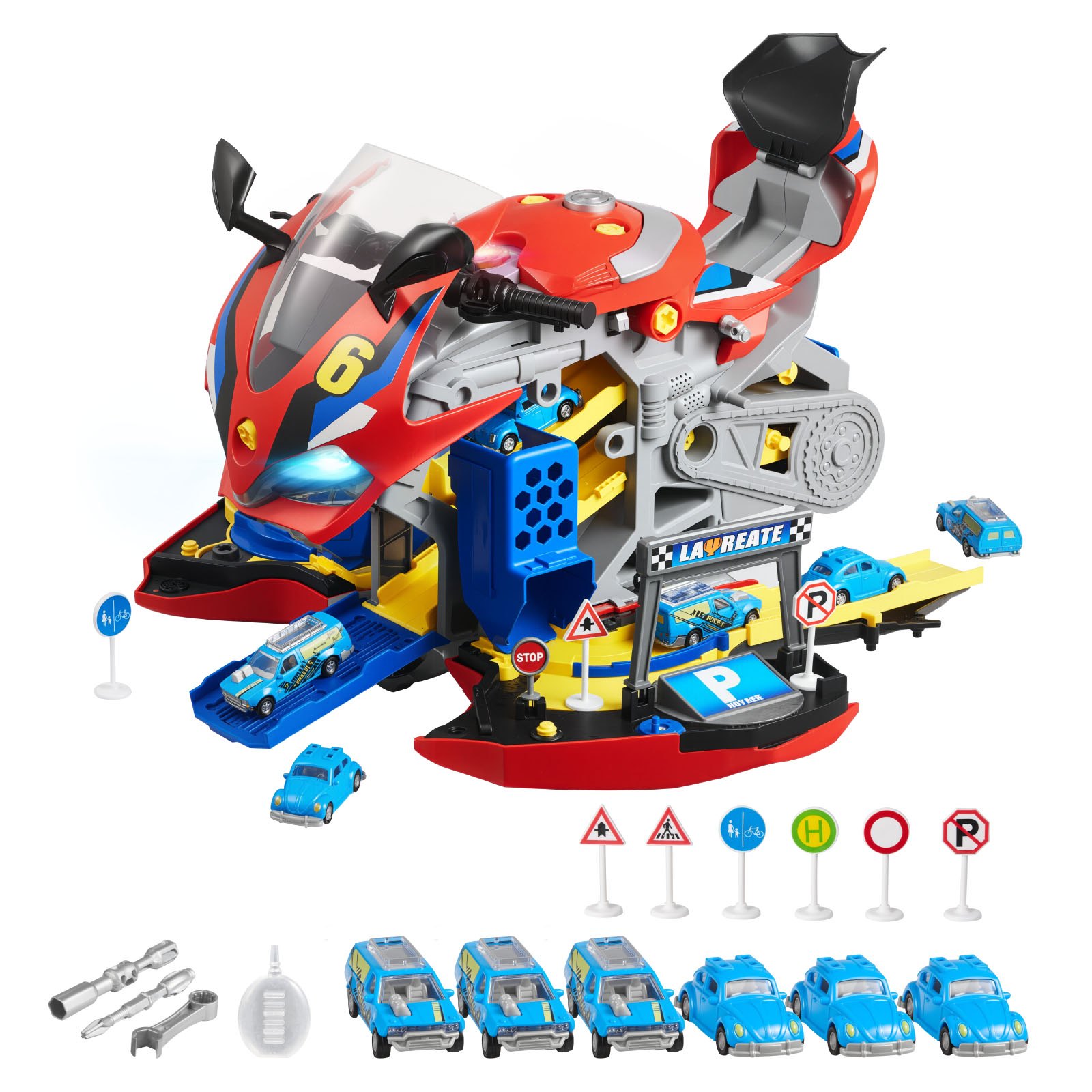 VEVOR Motorcycle Engine Toy, 25 Pieces, Motorcycle Mechanic Toy with Removable Parts, Lights & Sounds, Simulated Riding & Track Racing, Kids Mechanic Workshop Set for Toddler 3 Years and Up, Red