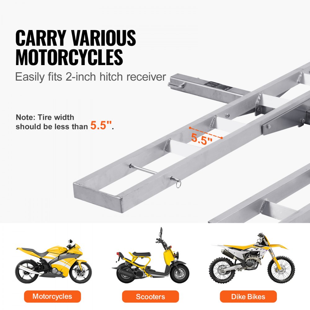 VEVOR Motorfietsdrager, 2 fietsen, 272 kg aluminium motorfietsdrager, trekhaak, laadklep, scooter-crossmotor-aanhangwagen, ratelriemen en stabilisator, voor auto en vrachtwagen