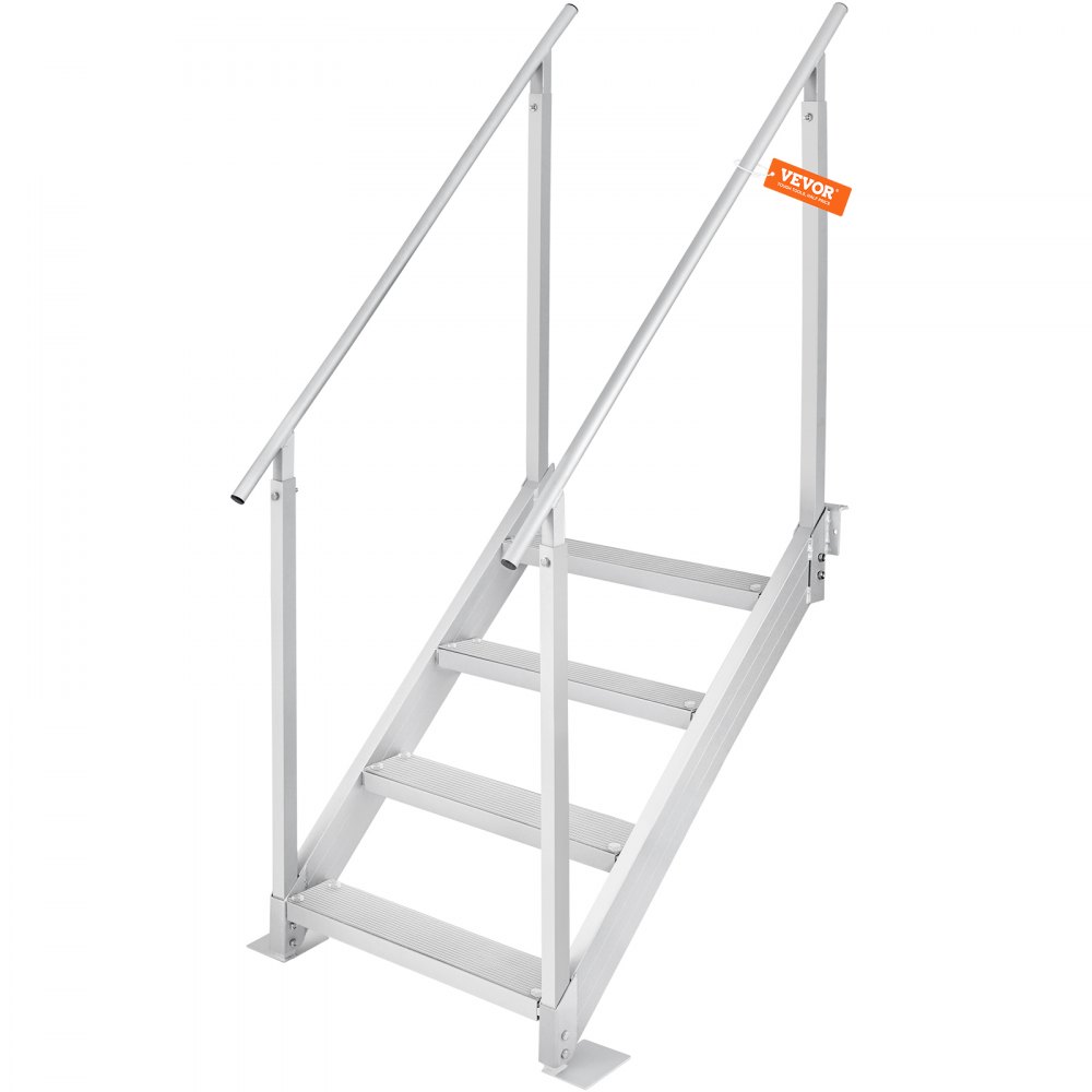 Viertraps VEVOR-dockladder met aluminium constructie en zwarte antisliptreden.